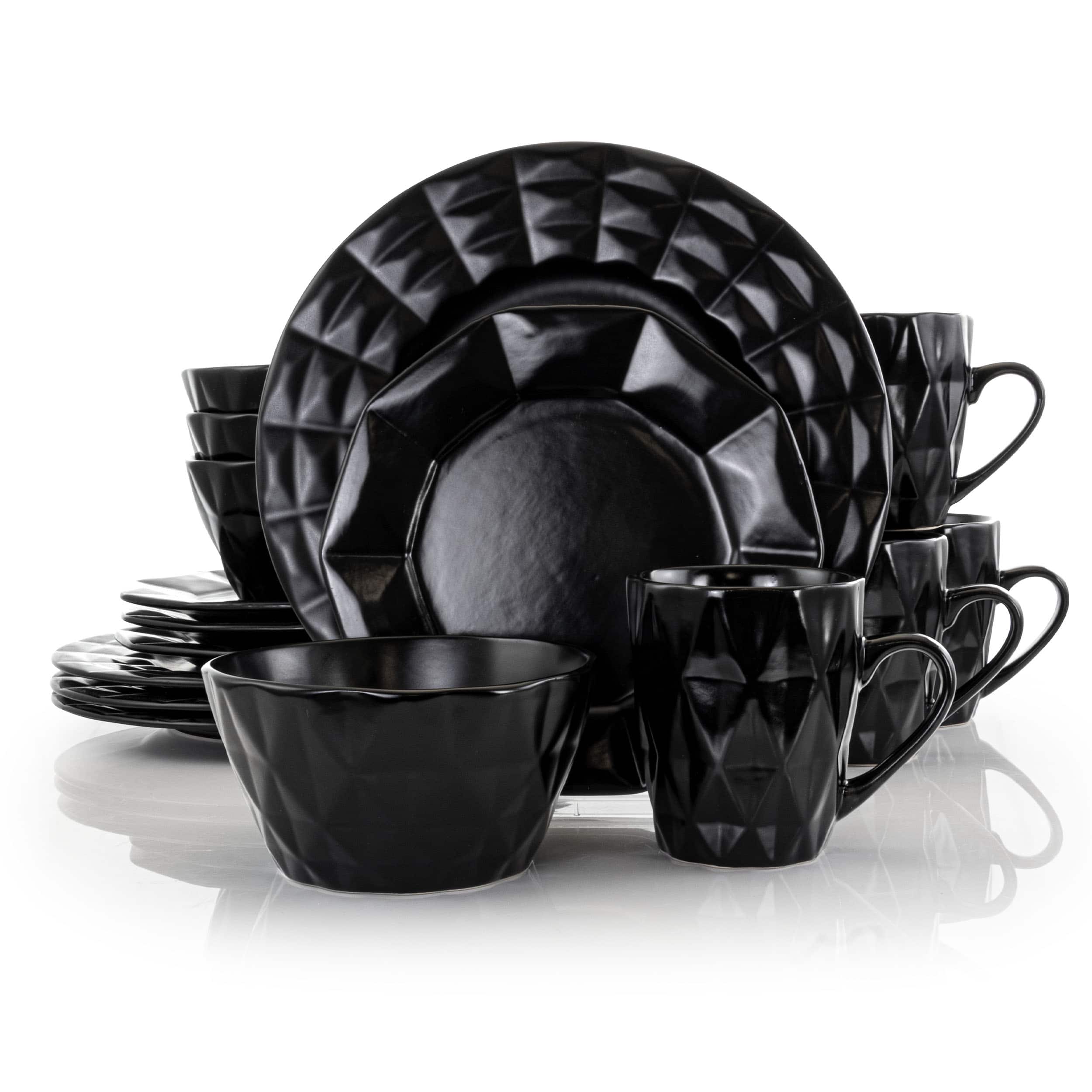 Front. Elama - Elama Retro Chic 16-Piece Glazed Dinnerware Set in Black - Black.