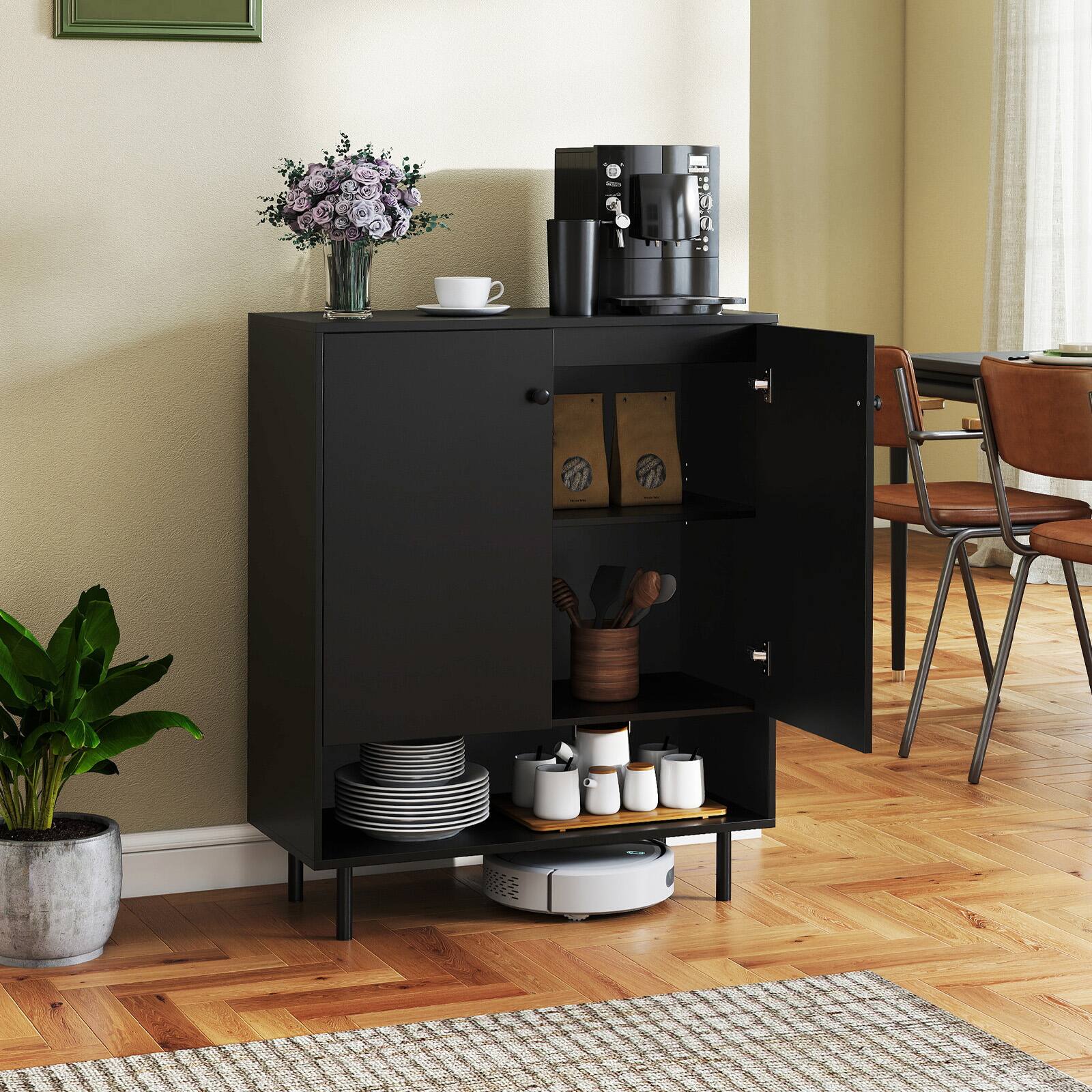 Alt View 3. Gymax - Gymax Sideboard Buffet Cabinet 2-Door Kitchen Storage Cabinet w/ Adjustable Shelf - Black.