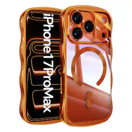 Dteck - Magnetic Case For iPhone 17 Pro Max With Built-in Lens Protector Shockproof Plating Curly Wavy Frame Clear Back Cover - Orange