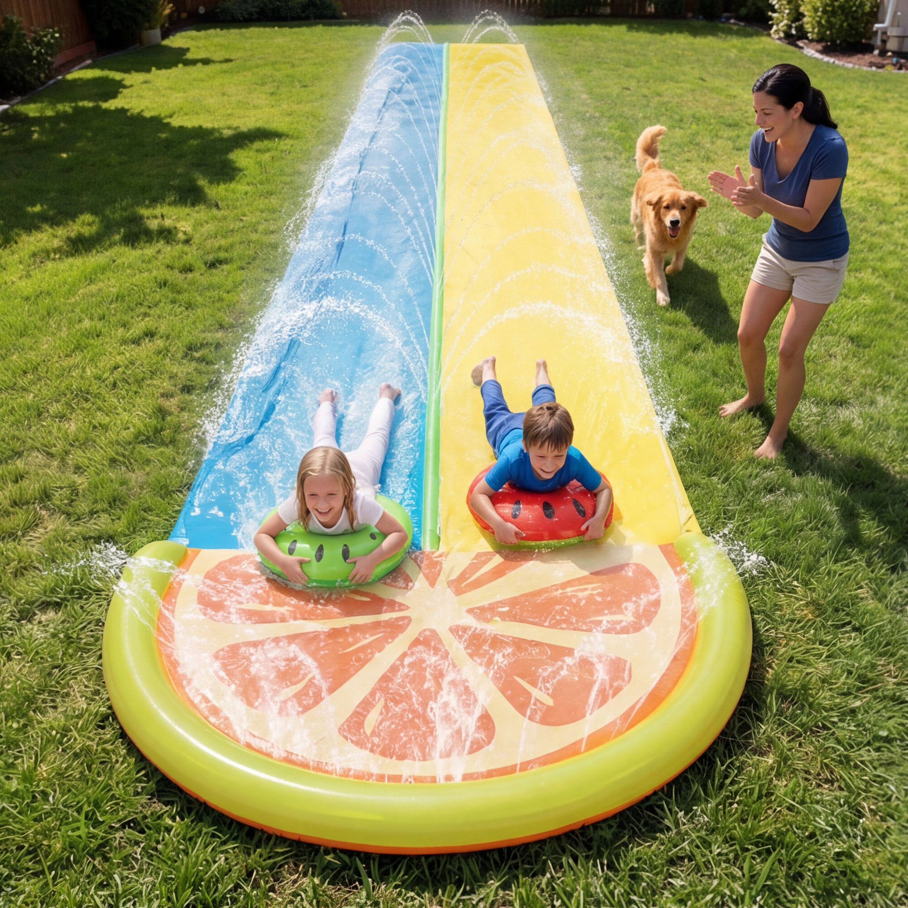 Angle. Joyfy - 22.5FT Double Lane Splash Slip WaterSlide, Outdoor Lawn Water Slides with 2 Inflatable Boards & Sprinklers Fruit.