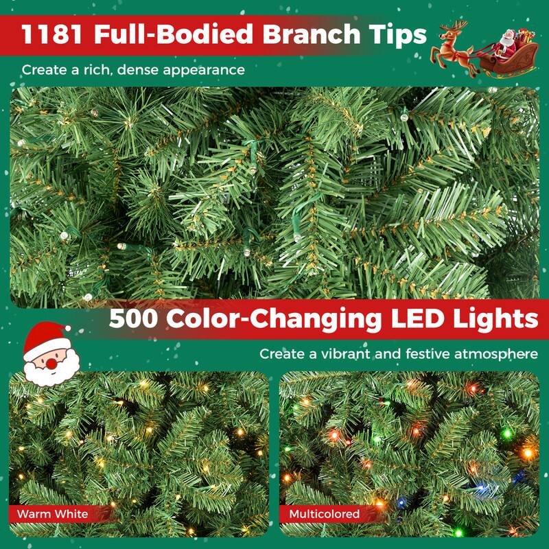 1181 Full-Bodied Branch Tips  
Create a rich, dense appearance

500 Color-Changing LED Lights  
Create a vibrant and festive atmosphere

Warm White  
Multicolored
