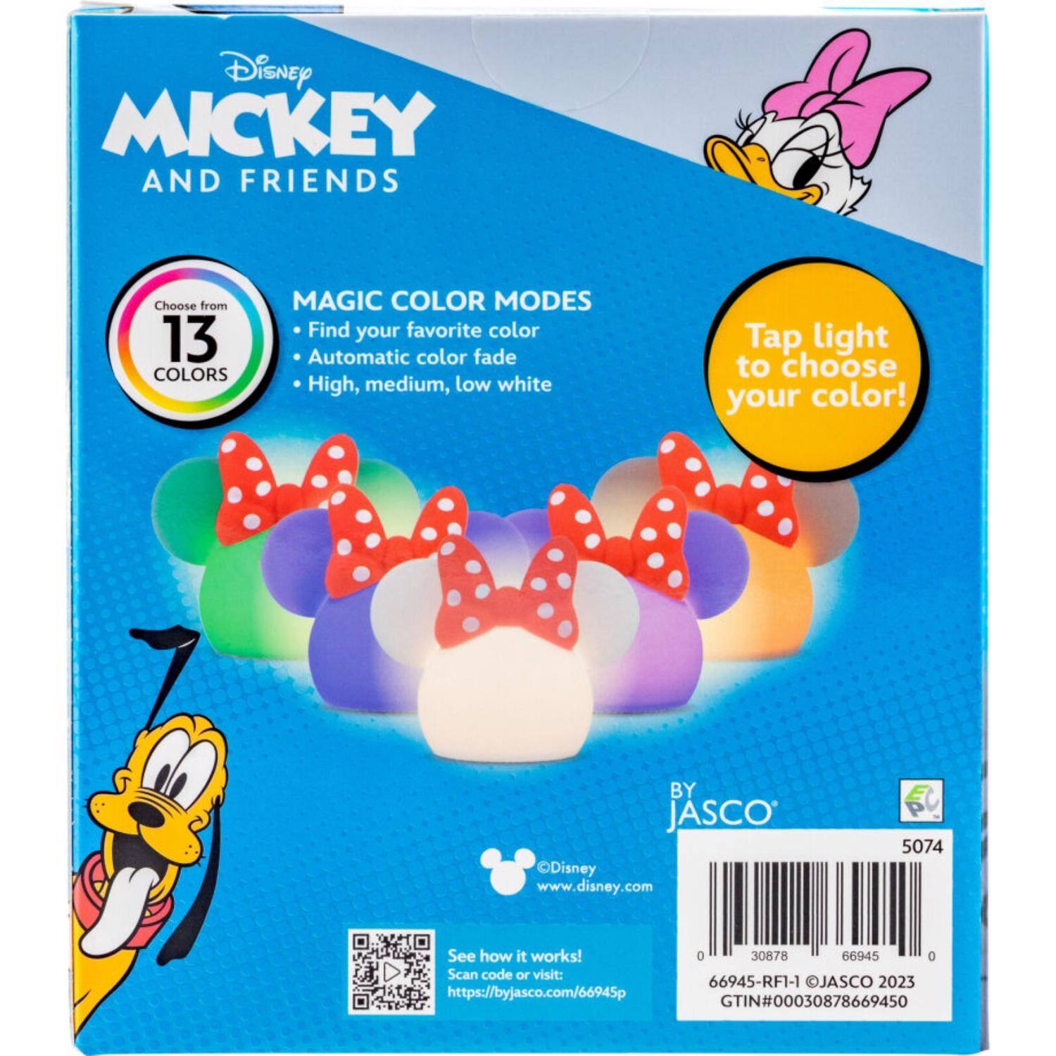 Disney MICKEY AND FRIENDS  
Choose from 13 COLORS  
MAGIC COLOR MODES  
- Find your favorite color  
- Automatic color fade  
- High, medium, low white  

Tap light to choose your color!  

BY JASCO  
www.disney.com  

5074  

See how it works!  
Scan code or visit:  
https://byjasco.com/66945p  

66945-RF1-1  
JASCO 2023  

GTIN#00030878669450