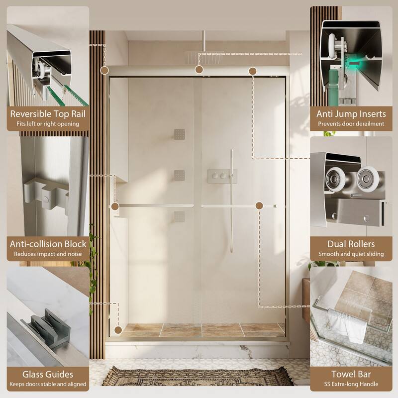 Reversible Top Rail  
Fits left or right opening  

Anti Jump Inserts  
Prevents door derailment  

Anti-collision Block  
Reduces impact and noise  

Dual Rollers  
Smooth and quiet sliding  

Glass Guides  
Keeps doors stable and aligned  

Towel Bar  
SS Extra-long Handle