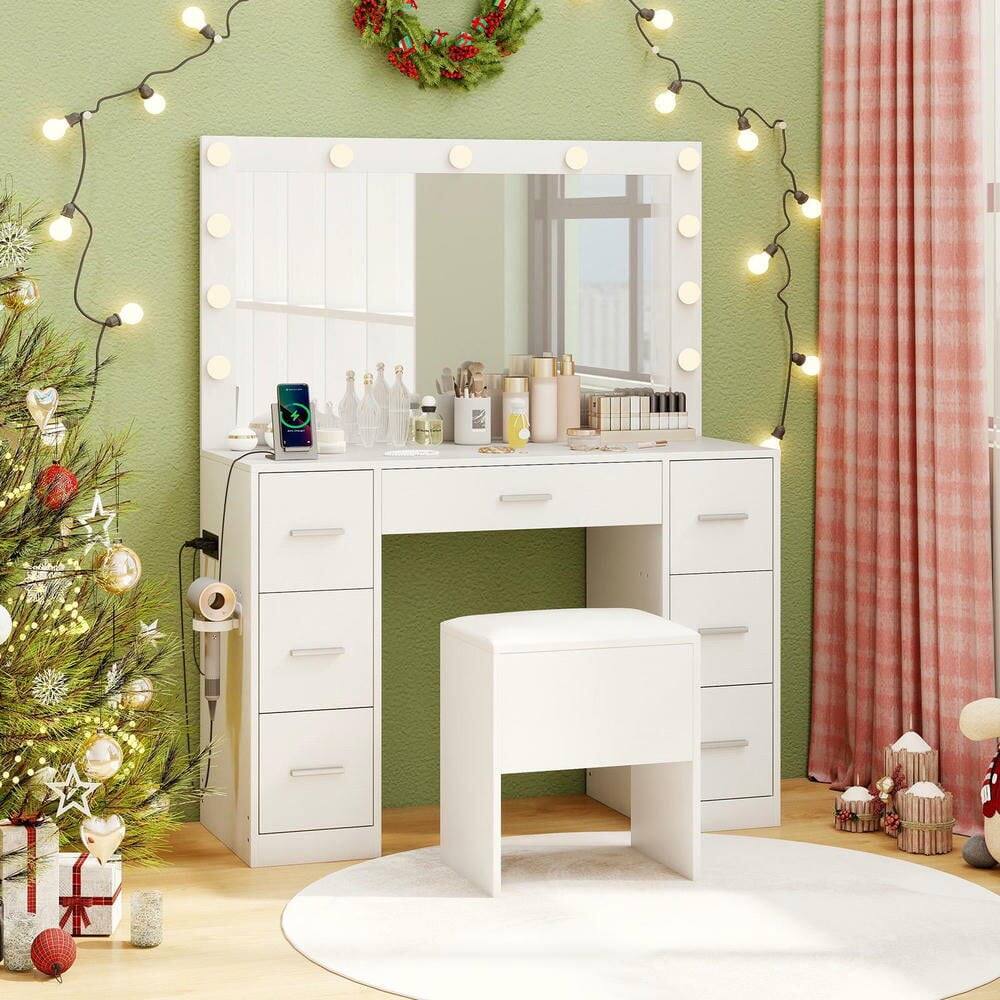 Alt View 4. Kadyn - 43.5" Bedroom Vanity Desk with LED Lighted Mirror - White - White.