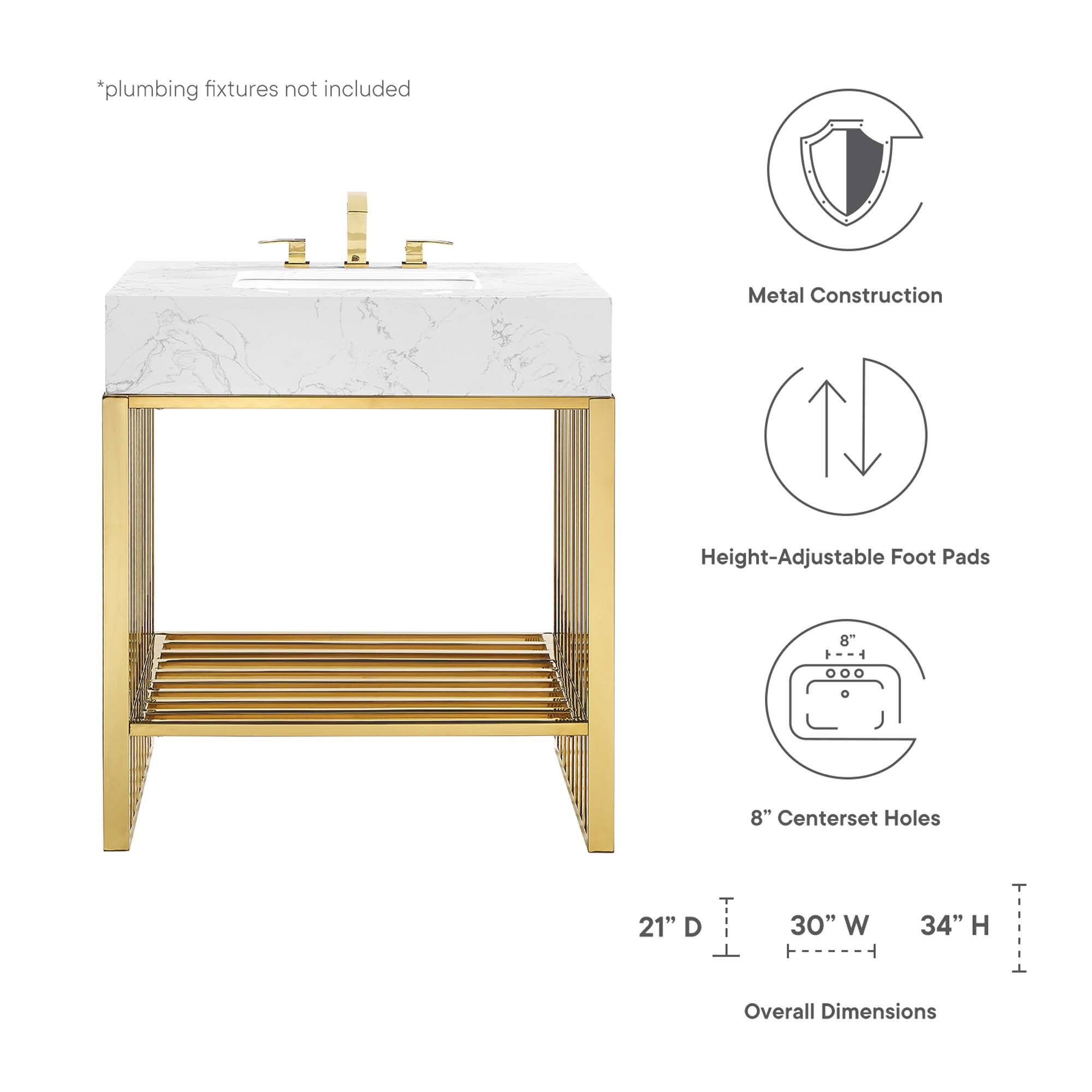 *plumbing fixtures not included  
Metal Construction  
Height-Adjustable Foot Pads  
8" Centerset Holes  
21" D  
30" W  
34" H  
Overall Dimensions