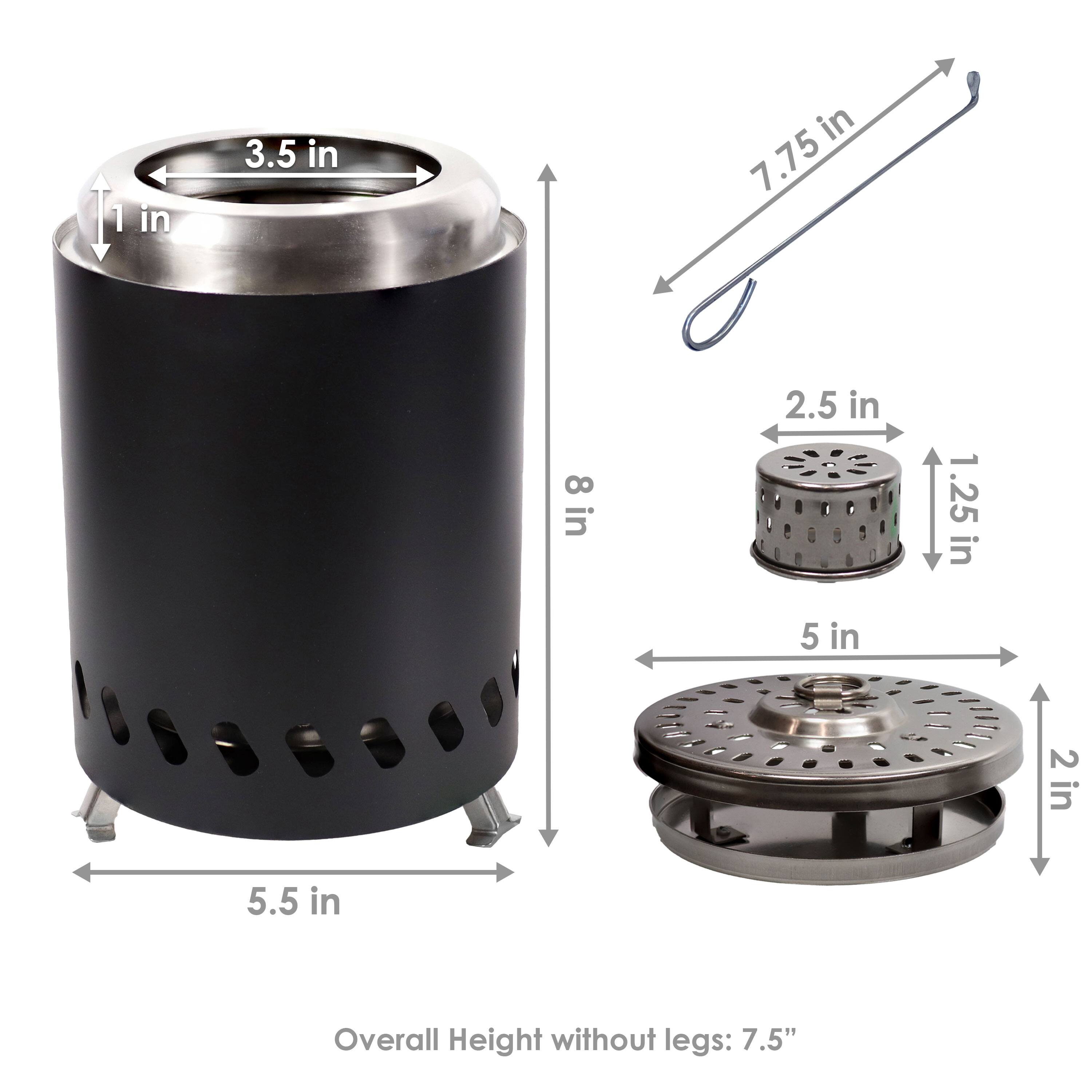 - Diameter of the top opening: 3.5 in
- Height of the top opening: 1 in
- Diameter of the base: 5.5 in
- Overall height without legs: 7.5 in
- Height of the base: 2.5 in
- Diameter of the base plate: 5 in
- Height of the base plate: 1.25 in
- Height of the legs: 7.75 in