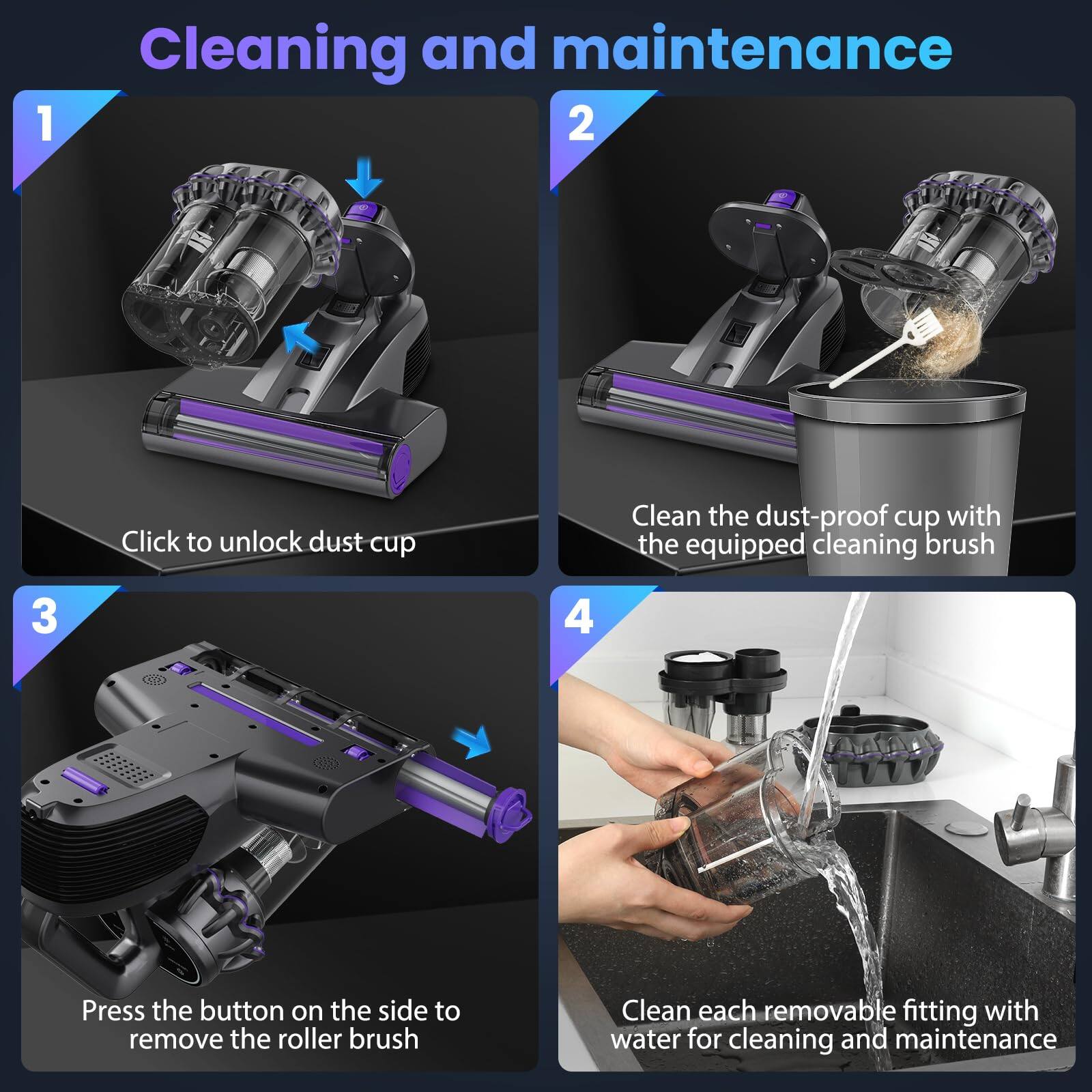 1. Cleaning and maintenance
   - Click to unlock dust cup

2. Clean the dust-proof cup with the equipped cleaning brush

3. Press the button on the side to remove the roller brush

4. Clean each removable fitting with water for cleaning and maintenance