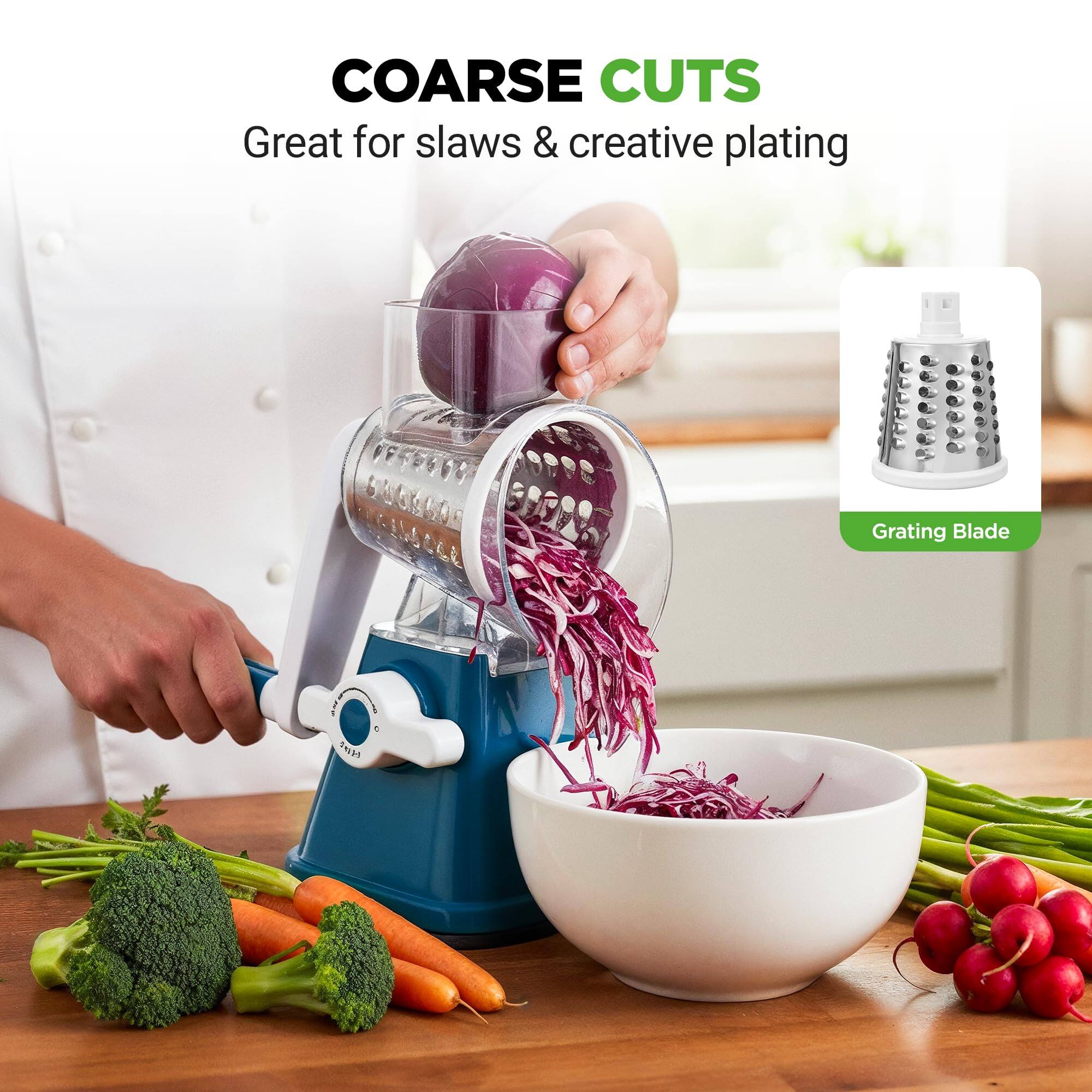 COARSE CUTS  
Great for slaws & creative plating  

Grating Blade