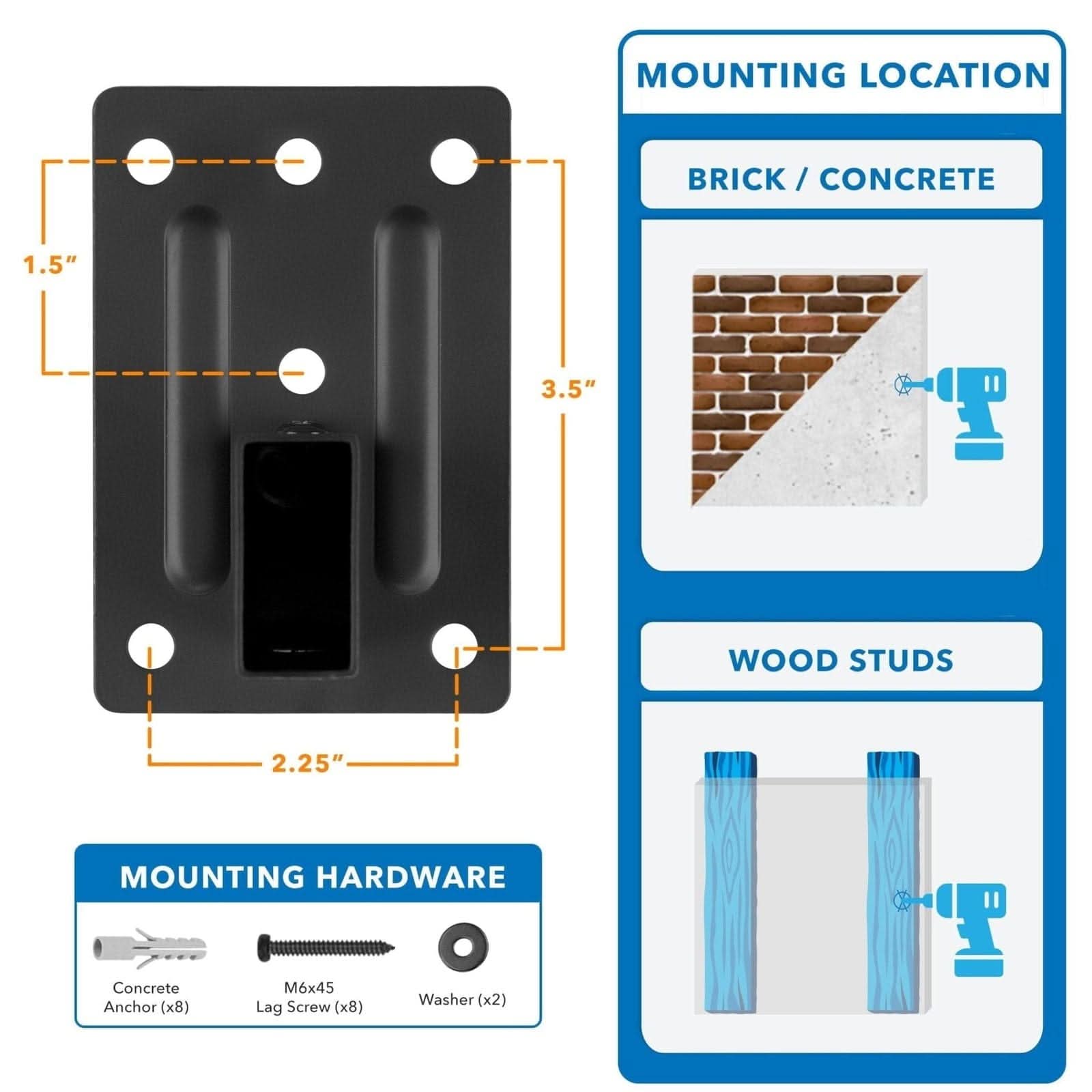 MOUNTING LOCATION  
BRICK / CONCRETE  
WOOD STUDS  

1.5"  
3.5"  
2.25"  

MOUNTING HARDWARE  
Concrete Anchor (x8)  
M6x45 Lag Screw (x8)  
Washer (x2)