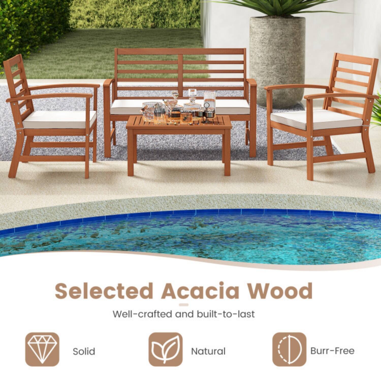 Selected Acacia Wood  
Well-crafted and built-to-last  
Solid Natural Burr-Free