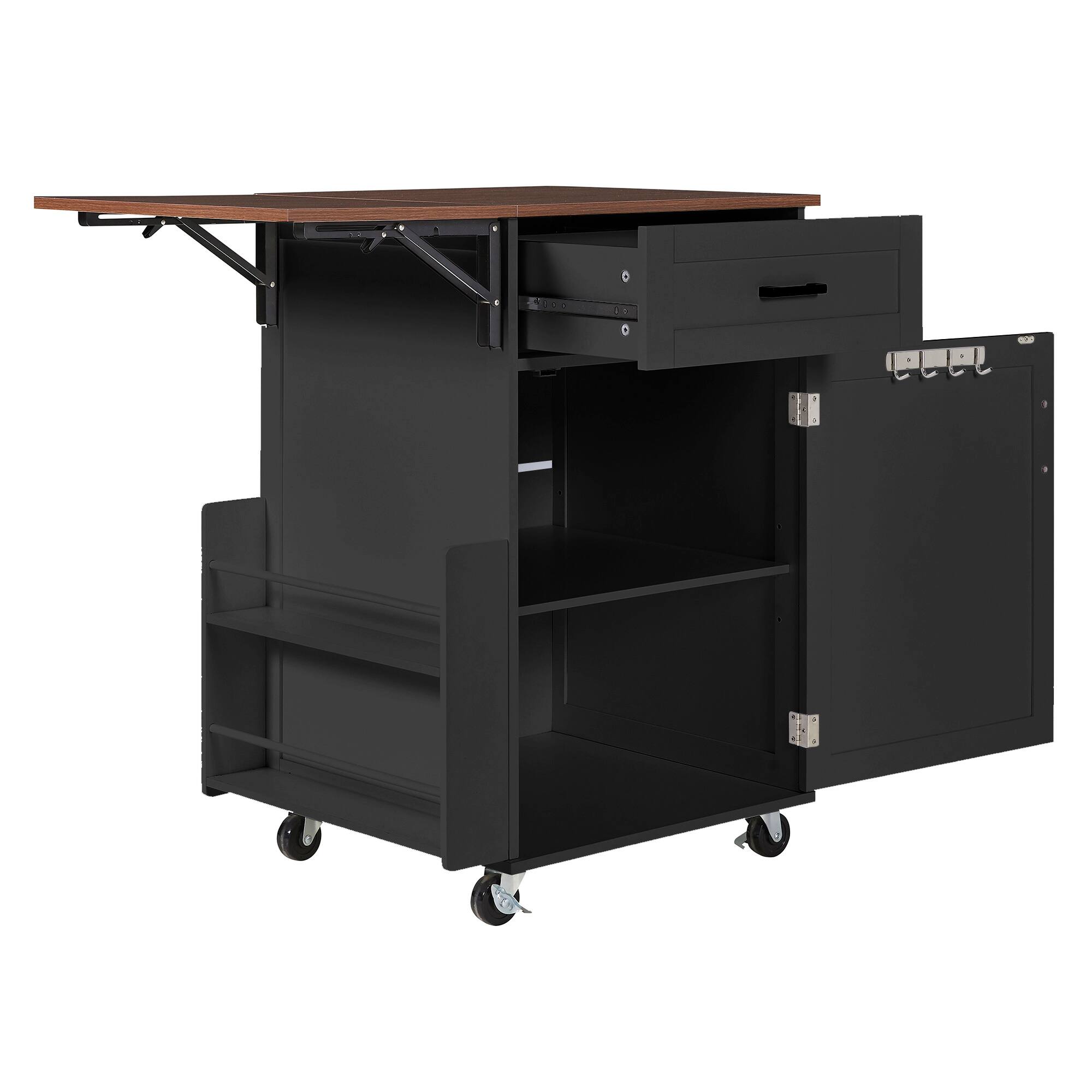 Left. Whisen - 39" Farmhouse Kitchen Island Cart with Drop Leaf, Storage Cabinet, Drawer, Rolling Wheels for Kitchen - Black.