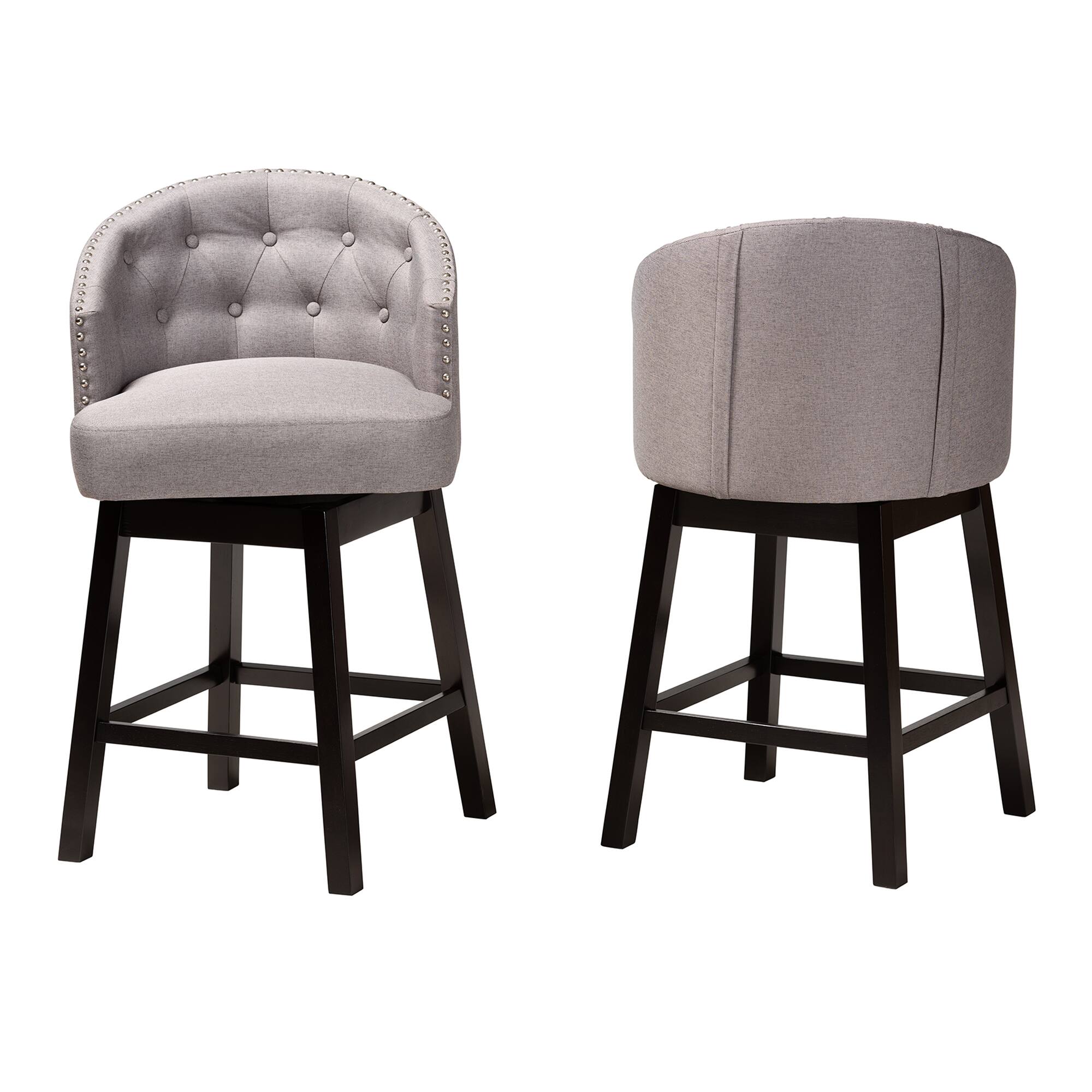 Angle. Baxton Studio - Theron Mid-Century Transitional Fabric and Espresso Finished Wood 2-Piece Swivel Counter Stool Set - Grey/Espresso Brown.
