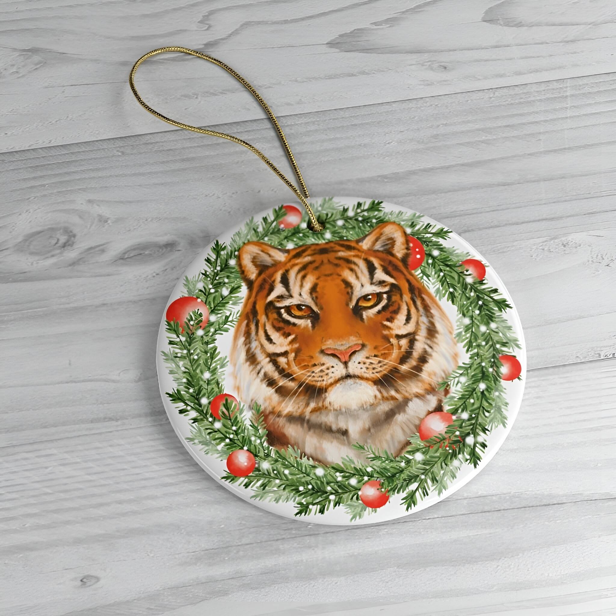 Back. OrnamentallyYou - Christmas Wreath Tiger Ornament - Multi-colored.