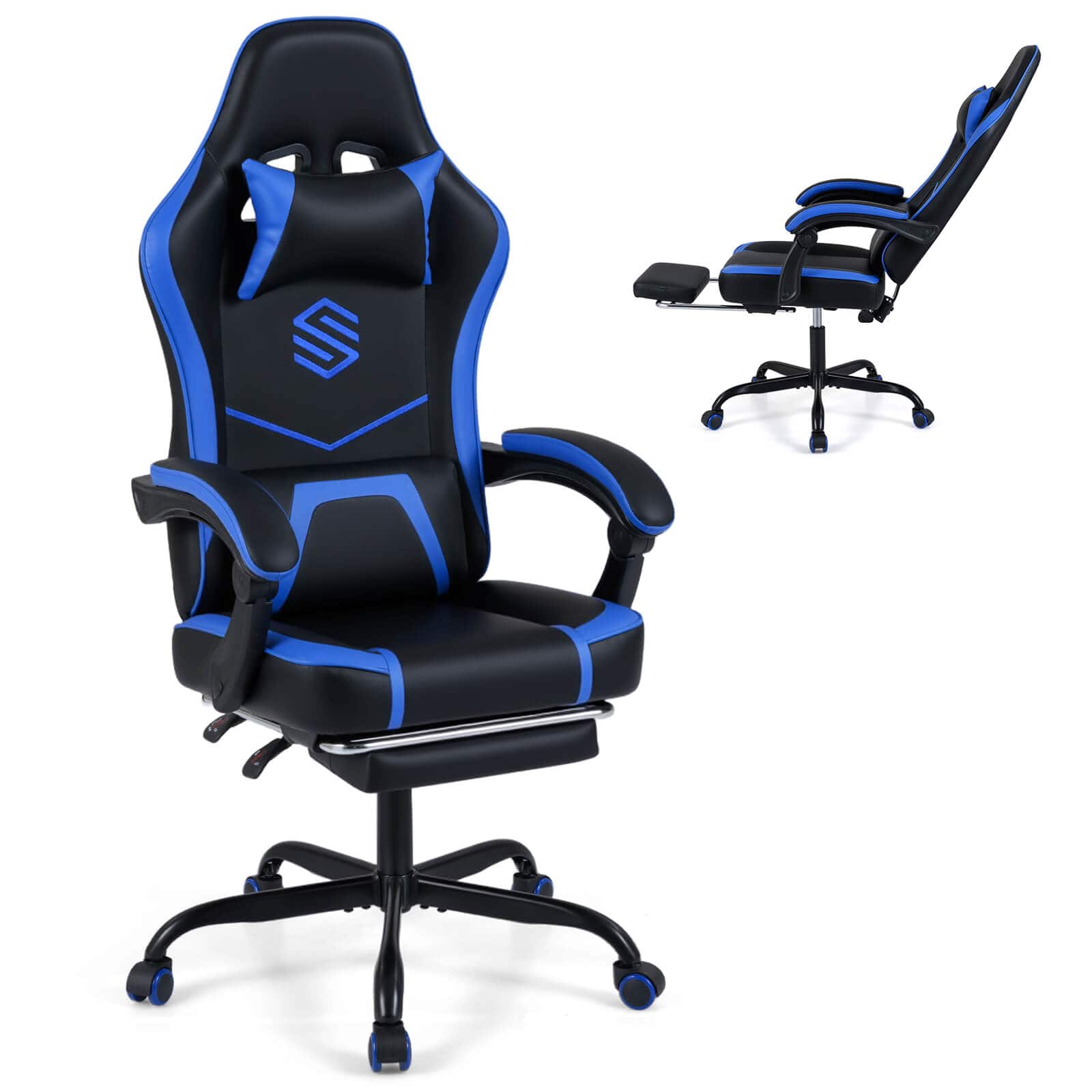 Costway - Gaming Chair with Headrest, Lumbar Support, Linkage Armrests, Reclining Backrest - Navy Blue,Black