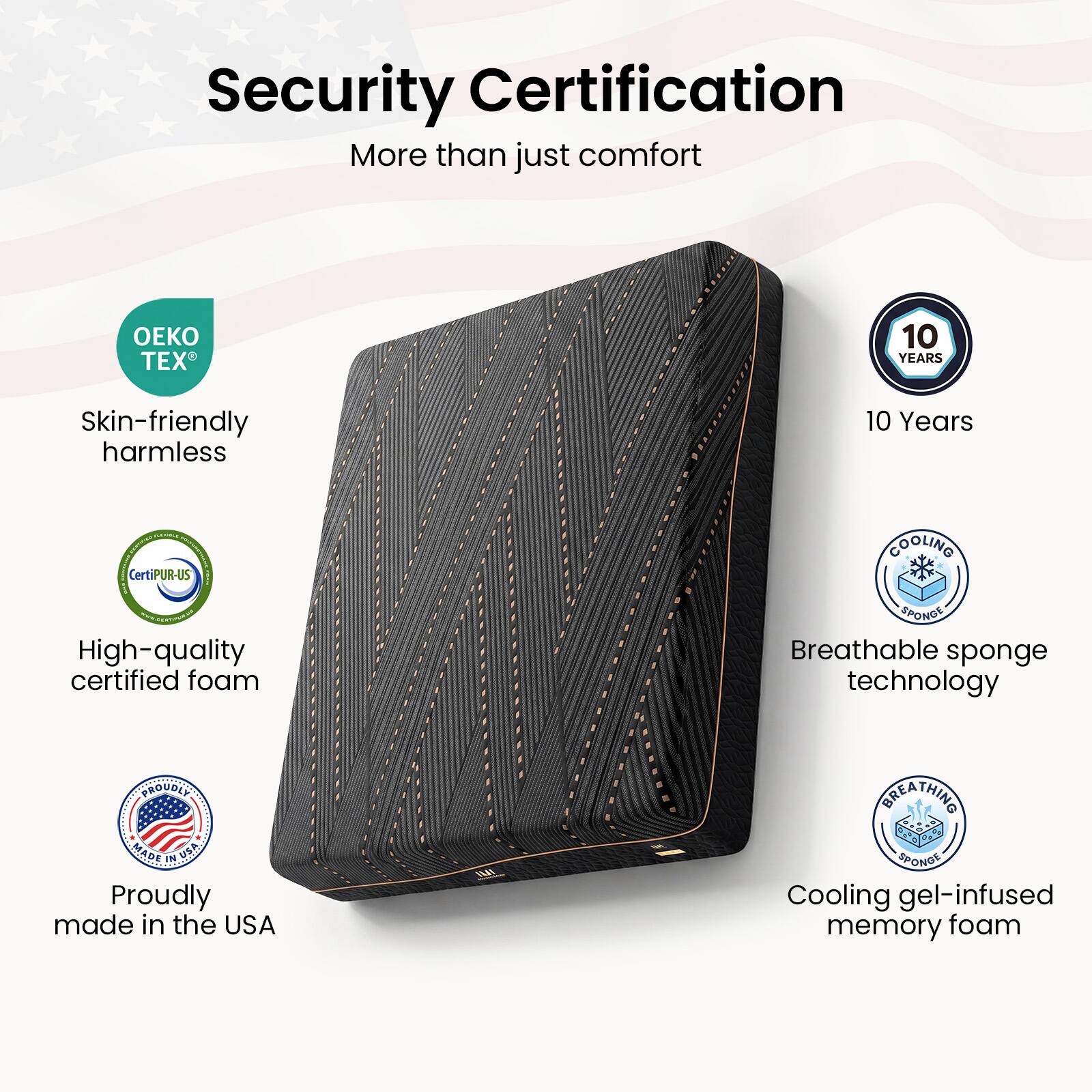Security Certification  
More than just comfort  

- OEKO TEX  
  Skin-friendly harmless  

- 10 Years  

- CertiPUR-US  
  High-quality certified foam  

- Proudly made in the USA  

- Breathable sponge technology  

- Cooling gel-infused memory foam