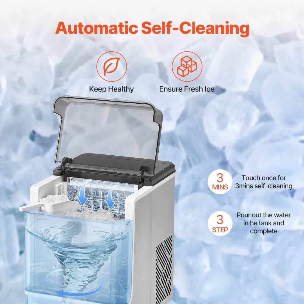 Automatic Self-Cleaning  
Keep Healthy  
Ensure Fresh Ice  

3 MINS  
Touch once for 3mins self-cleaning  

3 STEP  
Pour out the water in the tank and complete