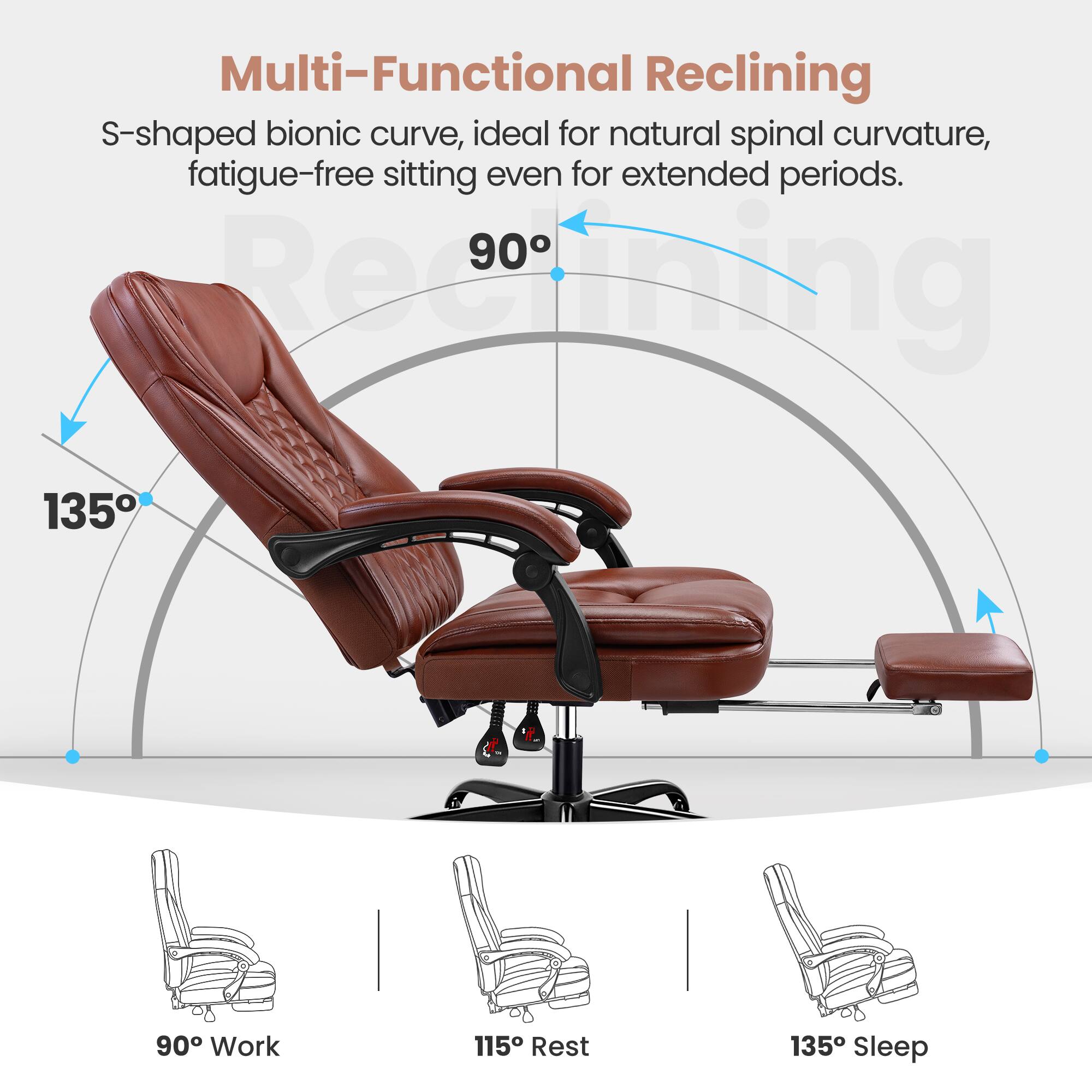 Multi-Functional Reclining  
S-shaped bionic curve, ideal for natural spinal curvature, fatigue-free sitting even for extended periods.  

90° Work  
115° Rest  
135° Sleep