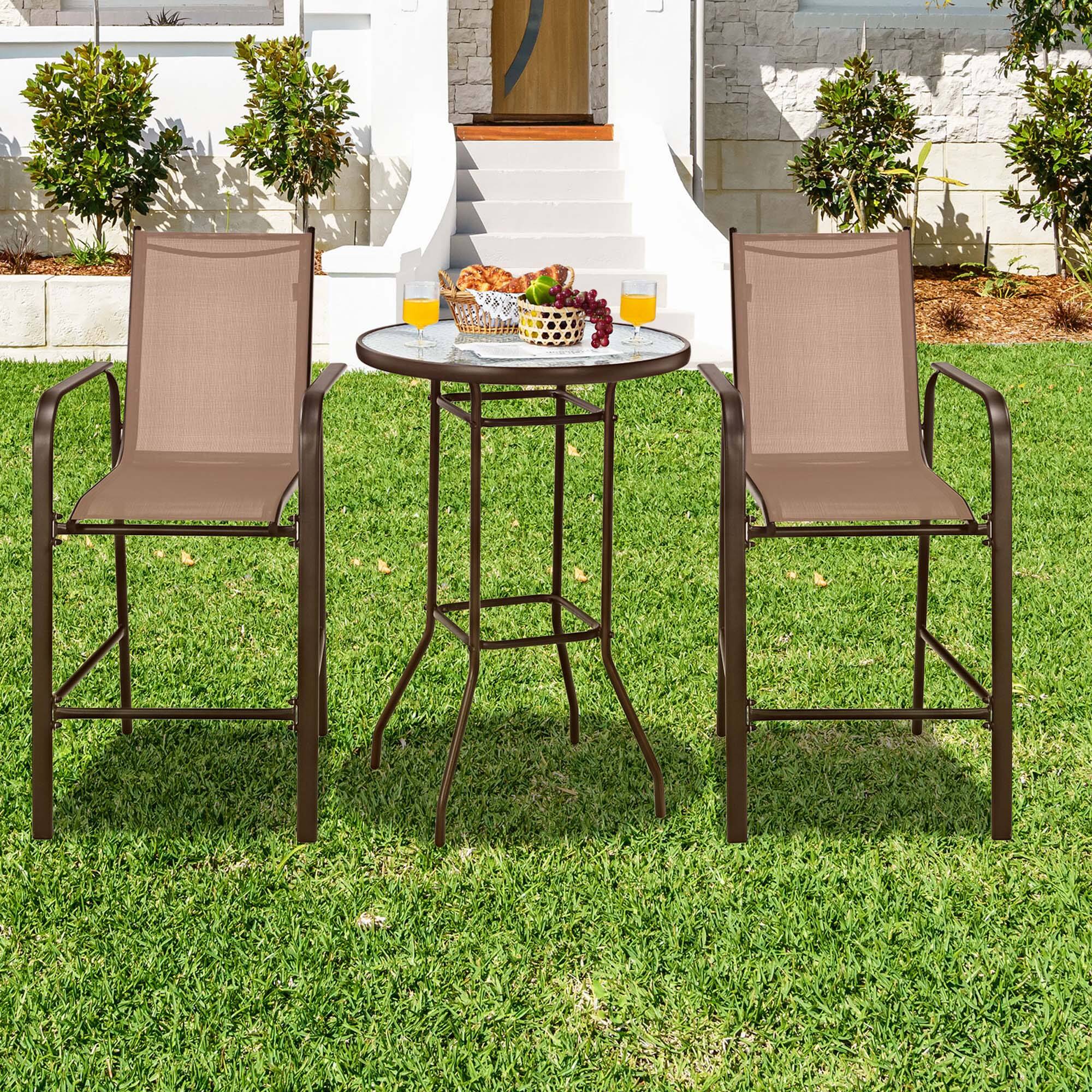 Alt View 1. Costway - Costway 3 PCS Outdoor Patio Bar Table Stool Set Height Tempered Glass Top - Brown.