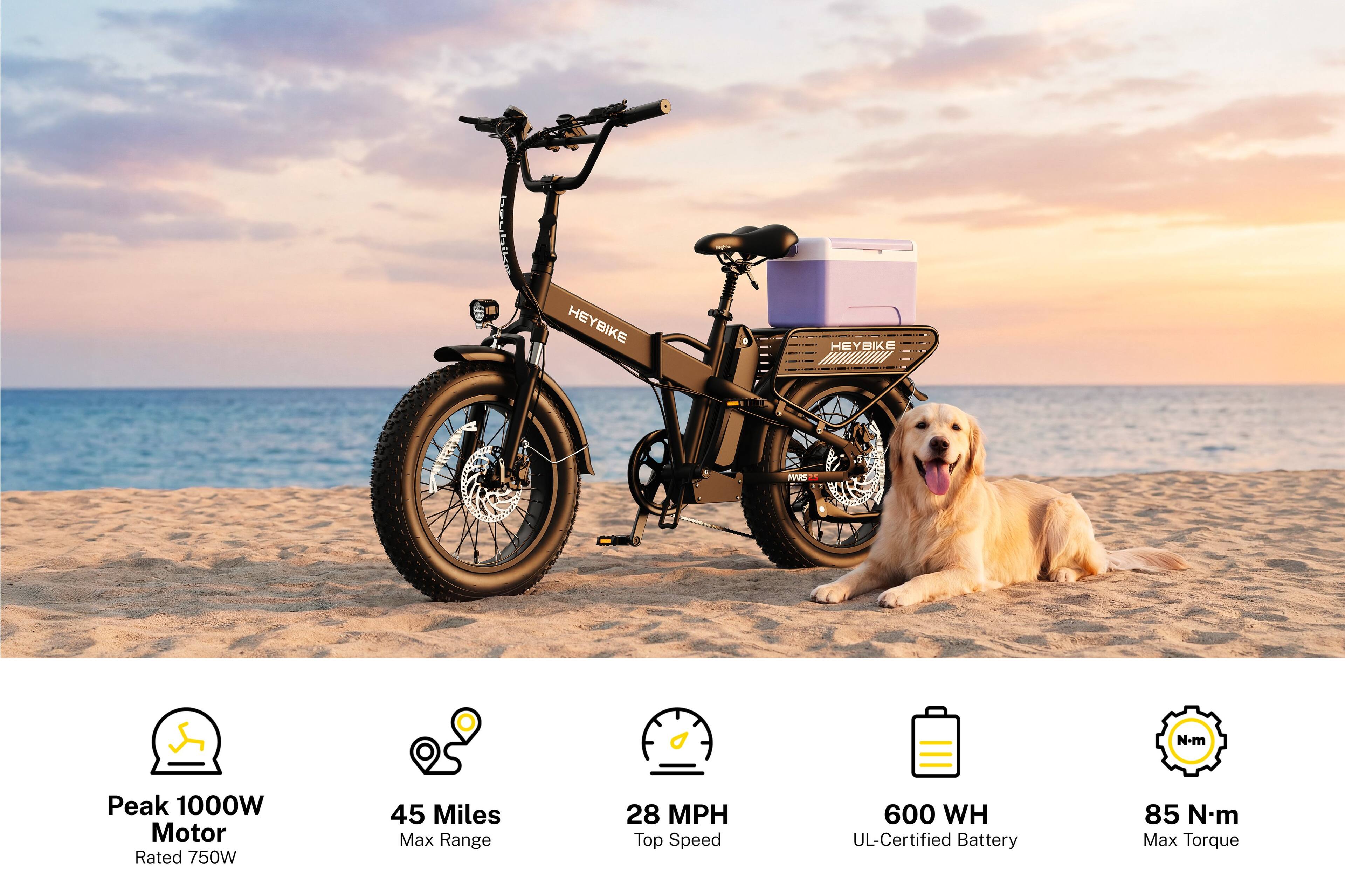 HEYBIKE

- Peak 1000W Motor
  - Rated 750W
- 45 Miles Max Range
- 28 MPH Top Speed
- 600 WH UL-Certified Battery
- 85 Nm Max Torque