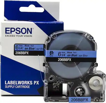 EPSON
EXCEED YOUR VISION
6 mm Black | Noir
1/4" on Blue | sur Bleu
206BBPX
LABELWORKS PX
SUPPLY CARTRIDGE
TAPE