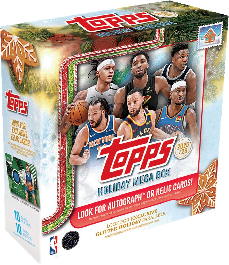 **Topps Holiday Mega Box**
- **Look for exclusive relic cards!**
- **Look for autograph* or relic cards!**
- **Look for exclusive holiday parallels!**
- **10 cards per pack**
- **10 packs per box**
- **2025/26**
- **New York Knicks**
- **May contain redemption cards with instructions for redemption.**
- **Glitter inclusions!**
- **Autograph* or relic cards may include a signature, game-used jersey, or game-used equipment.**
- **Visit topps.com for details and exclusions.**
*Autograph cards may include a signature, game-used jersey, or game-used equipment.
