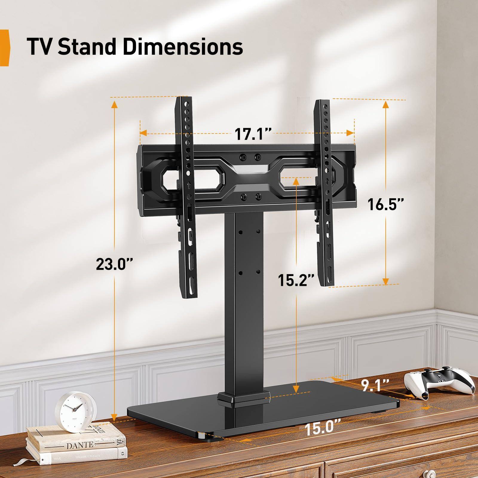 TV Stand Dimensions

- Width: 17.1"
- Height: 23.0"
- Depth: 16.5"
- Base Width: 15.0"
- Base Depth: 9.1"
- Arm Length: 15.2"