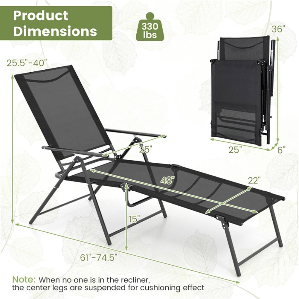 Product Dimensions: 330 lbs, 36", 25.5"-40", 25", 25", 6", 48", 22", 15", 61"-74.5"

Note: When no one is in the recliner, the center legs are suspended for cushioning effect