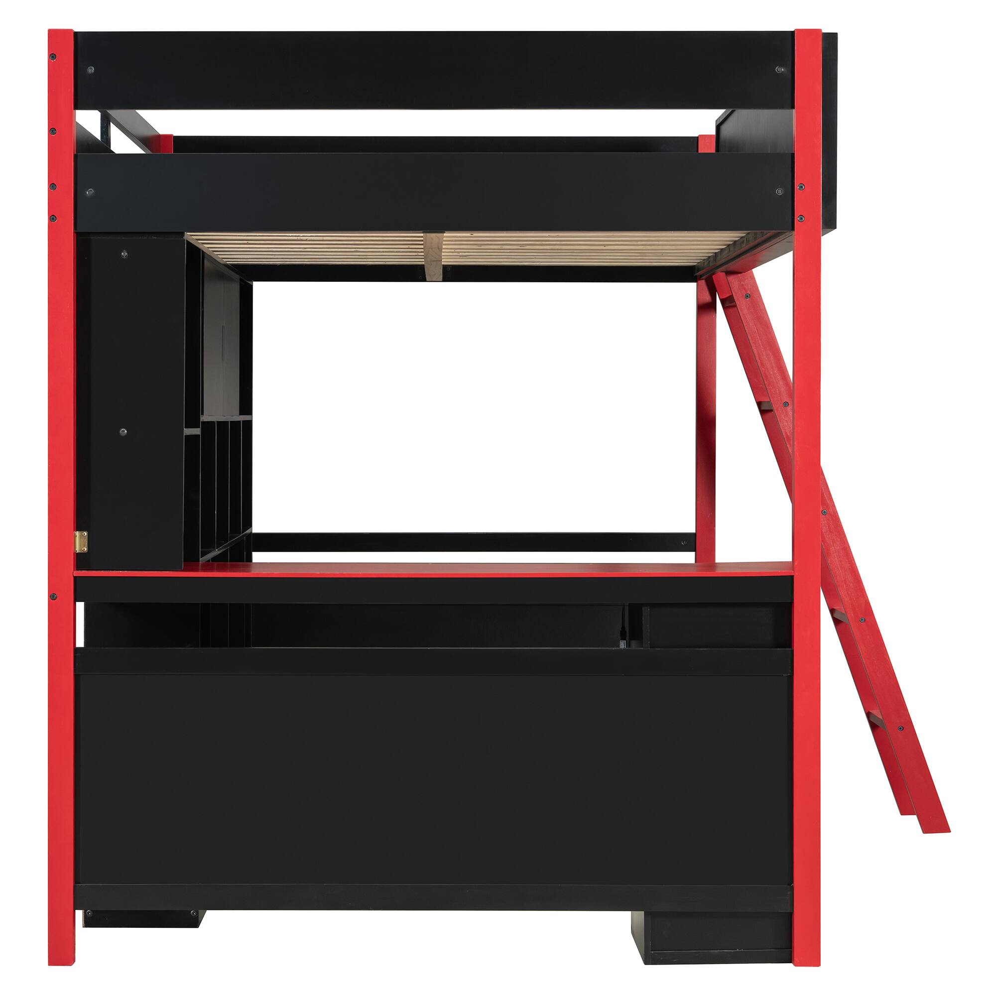Alt View 2. Anysun - Full Size Wood Loft Bed with Desk, Ample Storage Space and Light - Red.