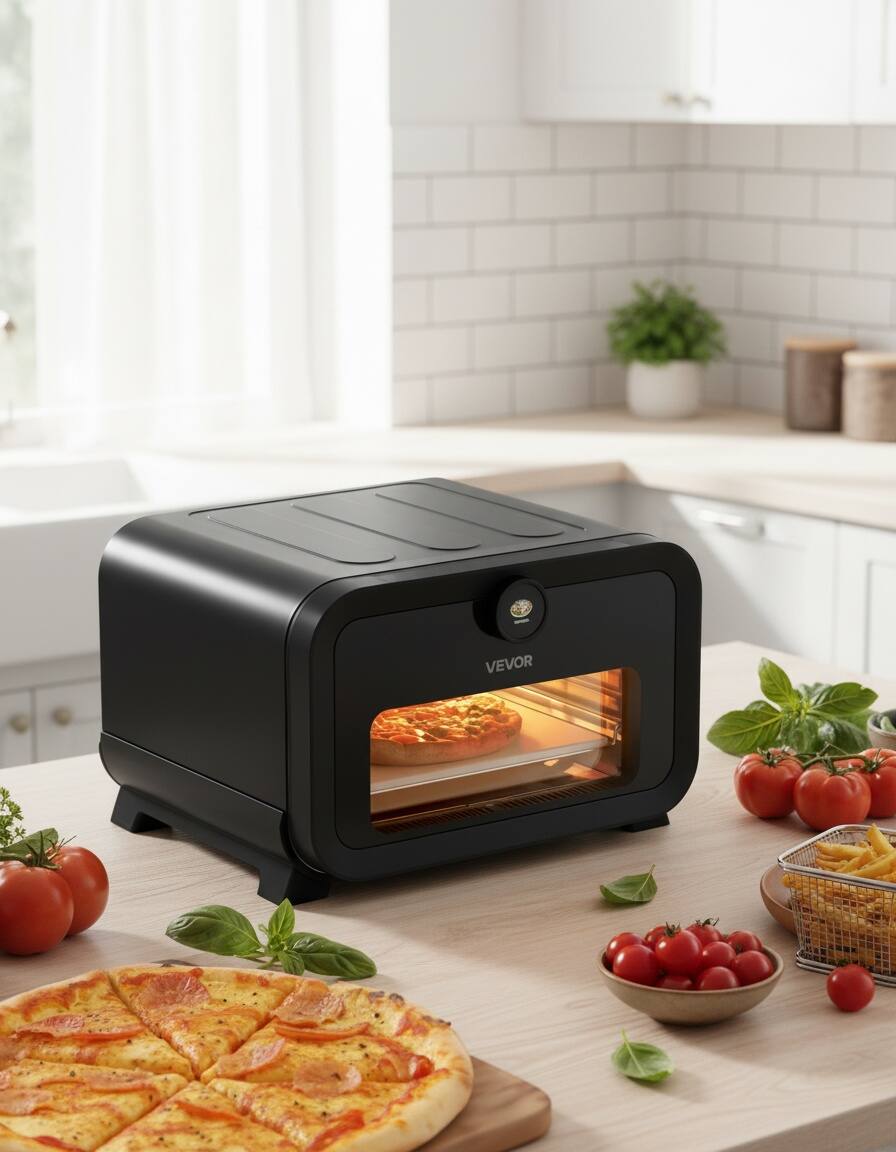 Left. Forest'nSky - Air Fryer & Pizza Oven Combo, 12" with 8 Presets, Smart Knob, 750°F, IPX4 Waterproof - Black.