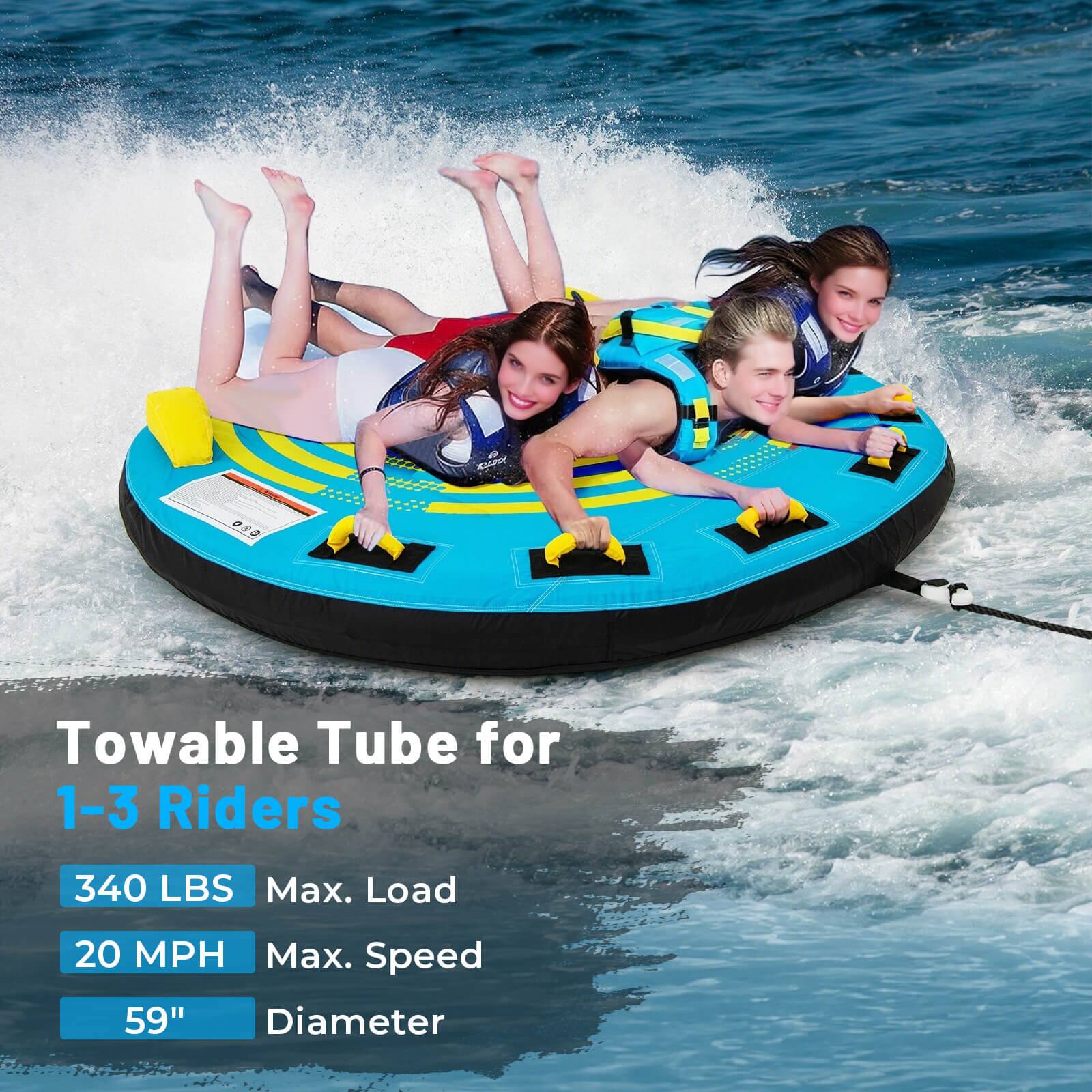 KA 80 Towable Tube for 1-3 Riders
340 LBS Max. Load
20 MPH Max. Speed
59" Diameter