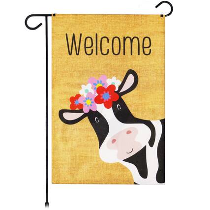 Front. G128 - Garden Flag Welcome Cow with Flowers — 12 x 18 inch Printed Burlap Polyester. - Assorted Colors.