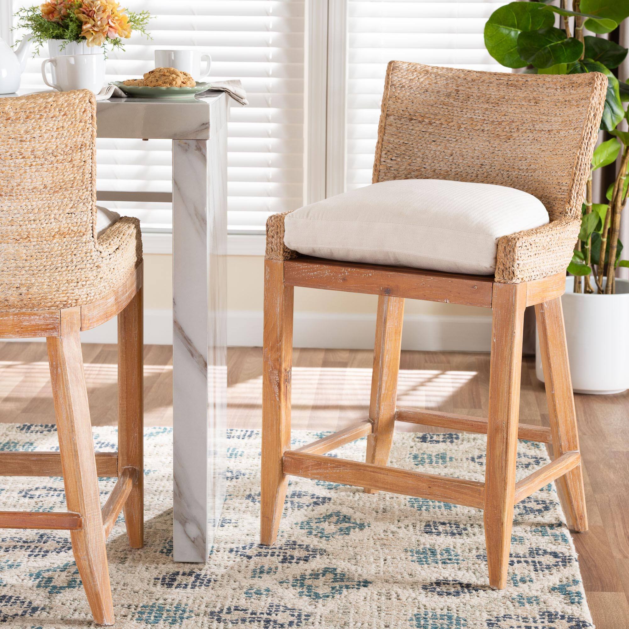 Alt View 4. bali & pari - Ridley Seagrass Counter Stool with Mahogany Wood Frame - Seating with Woven Square Back and Cushioned Seat - White Wash.