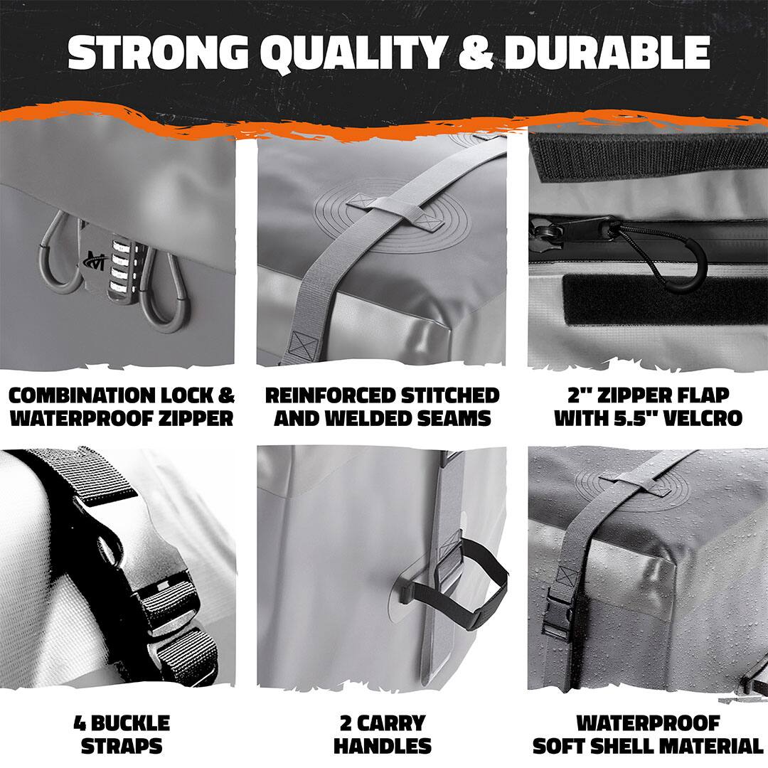 STRONG QUALITY & DURABLE

- COMBINATION LOCK & WATERPROOF ZIPPER
- REINFORCED STITCHED AND WELDED SEAMS
- 2" ZIPPER FLAP WITH 5.5" VELCRO
- 4 BUCKLE STRAPS
- 2 CARRY HANDLES
- WATERPROOF SOFT SHELL MATERIAL
