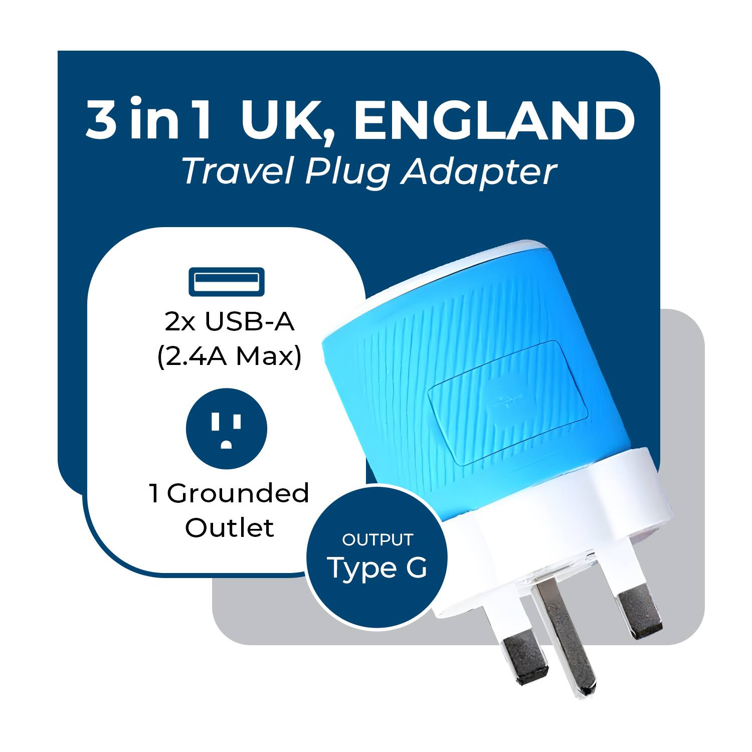 3 in 1 UK, ENGLAND Travel Plug Adapter

2x USB-A (2.4A Max)

1 Grounded Outlet

OUTPUT Type G