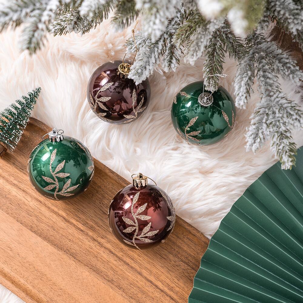 Alt View 1. OrnamentallyYou - Majestic Gold Glittered Floral Bauble Christmas Ornament Set 6 Pieces of Maroon and Green Balls - Multi-colored.