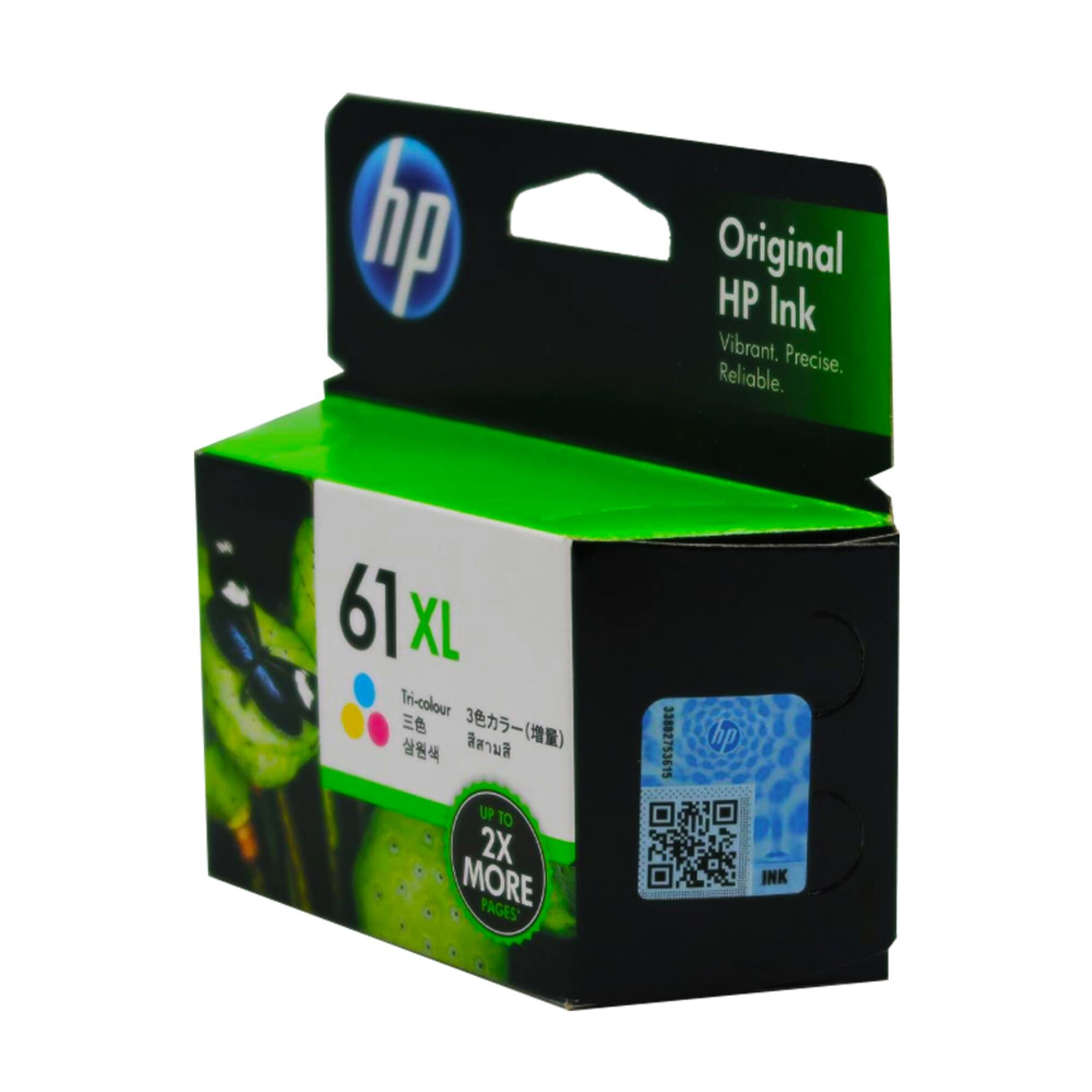 Original HP Ink  
Vibrant. Precise. Reliable.  

61 XL  
Tri-colour  

UP TO 2X MORE PAGES  

33882753615  

hp
