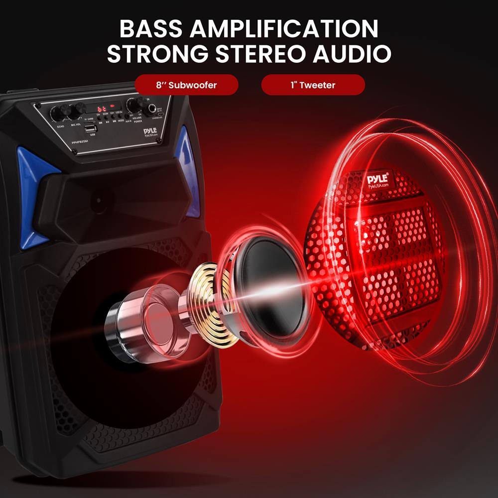 BASS AMPLIFICATION  
STRONG STEREO AUDIO  

8" Subwoofer  
1" Tweeter  

PYLE  
PYLE.com