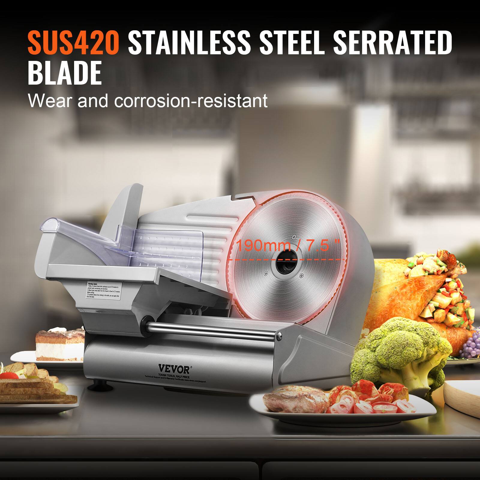 SUS420 STAINLESS STEEL SERRATED BLADE  
Wear and corrosion-resistant  
190mm / 7.5"  
VEVOR