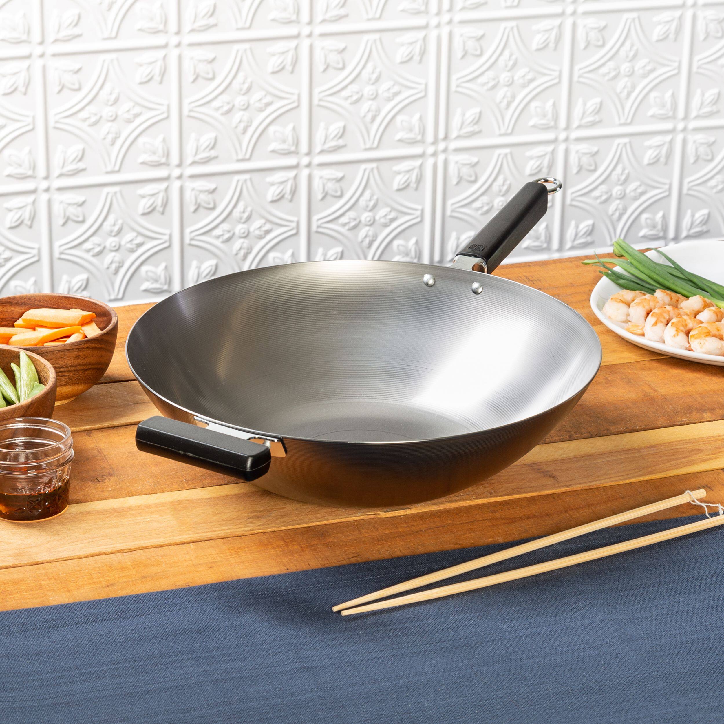 Alt View 2. Escali - Joyce Chen Professional Series 14-Inch Uncoated Carbon Steel Flat Bottom Wok with Phenolic Handles - Silver.