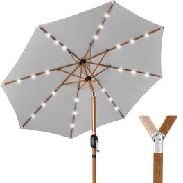 Best Choice Products - 10ft Solar LED Lighted Outdoor Woodgrain Pattern Steel Market Patio Umbrella - Fog Gray - Fog Gray - Woodgrain Finish