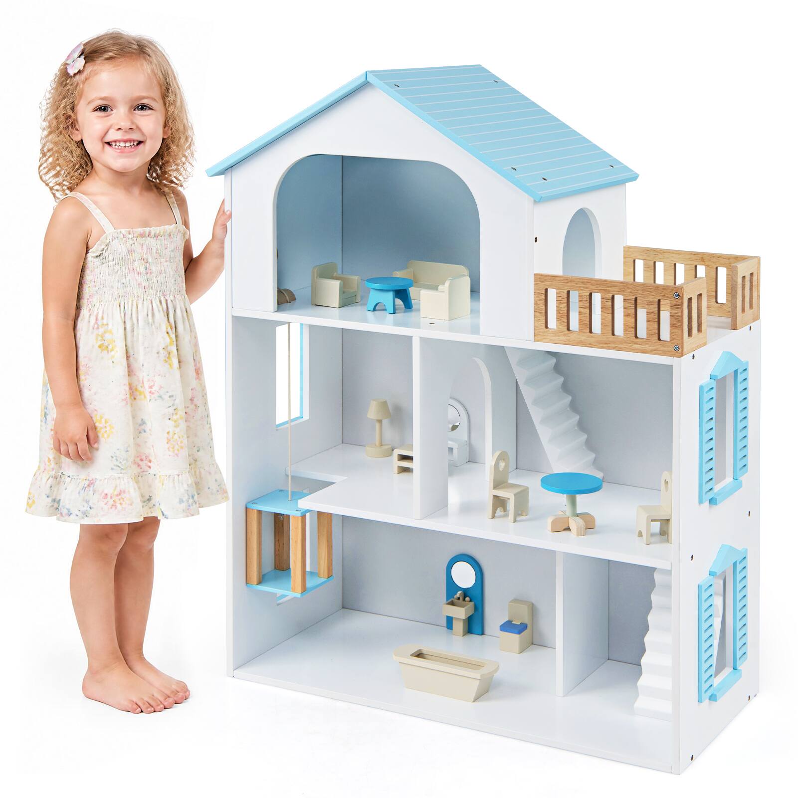 Alt View 9. Costway - Costway 3-Story Doll House with 5 Rooms and Furniture Accessories, Pretend Play Toy - Blue.