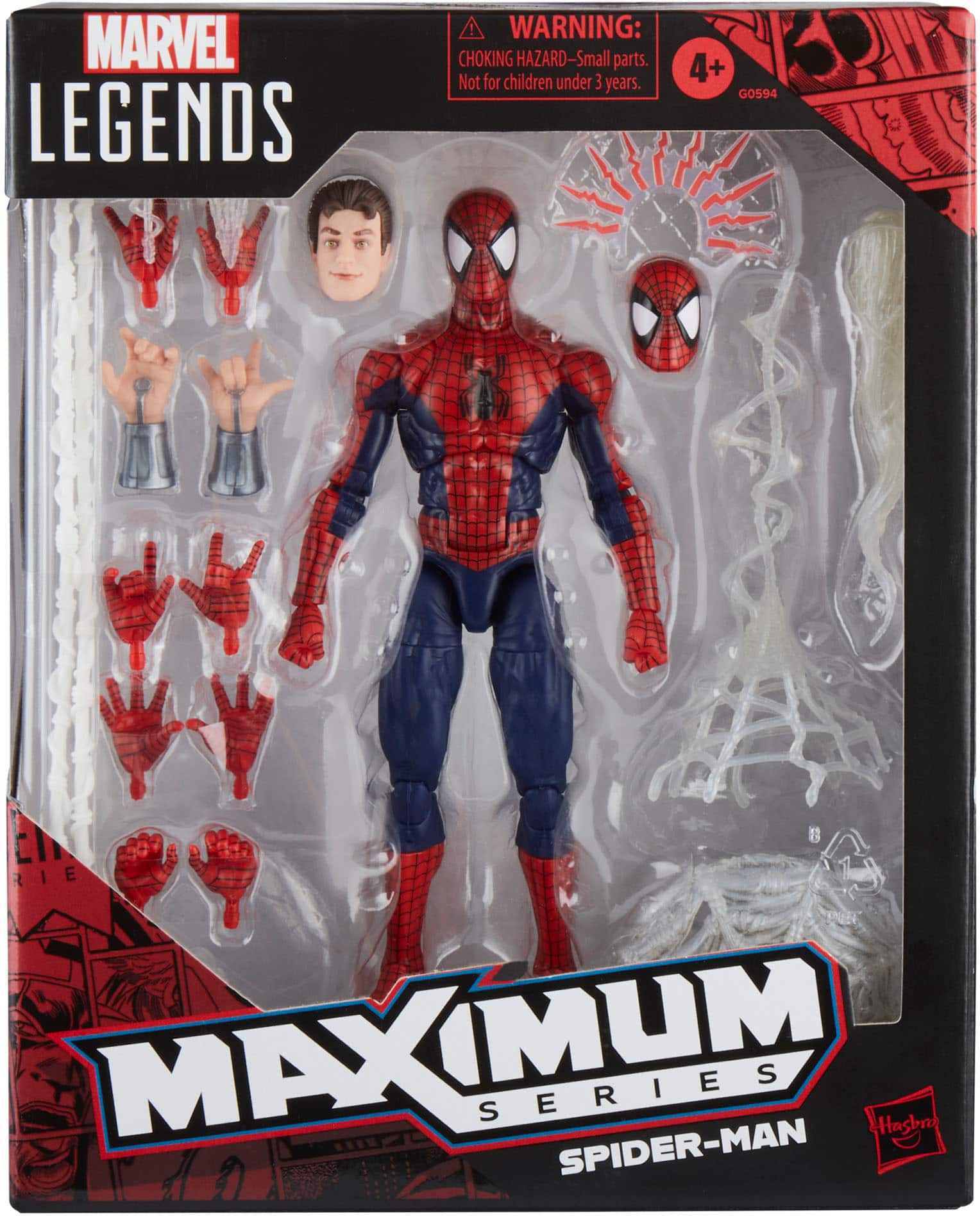 The text on the image reads: "MARVEL LEGENDS WARNING: CHOKING HAZARD-Small parts. Not for children under 3 4+ years. MAXIMUM SERIES SPIDER-MAN Hasbro."