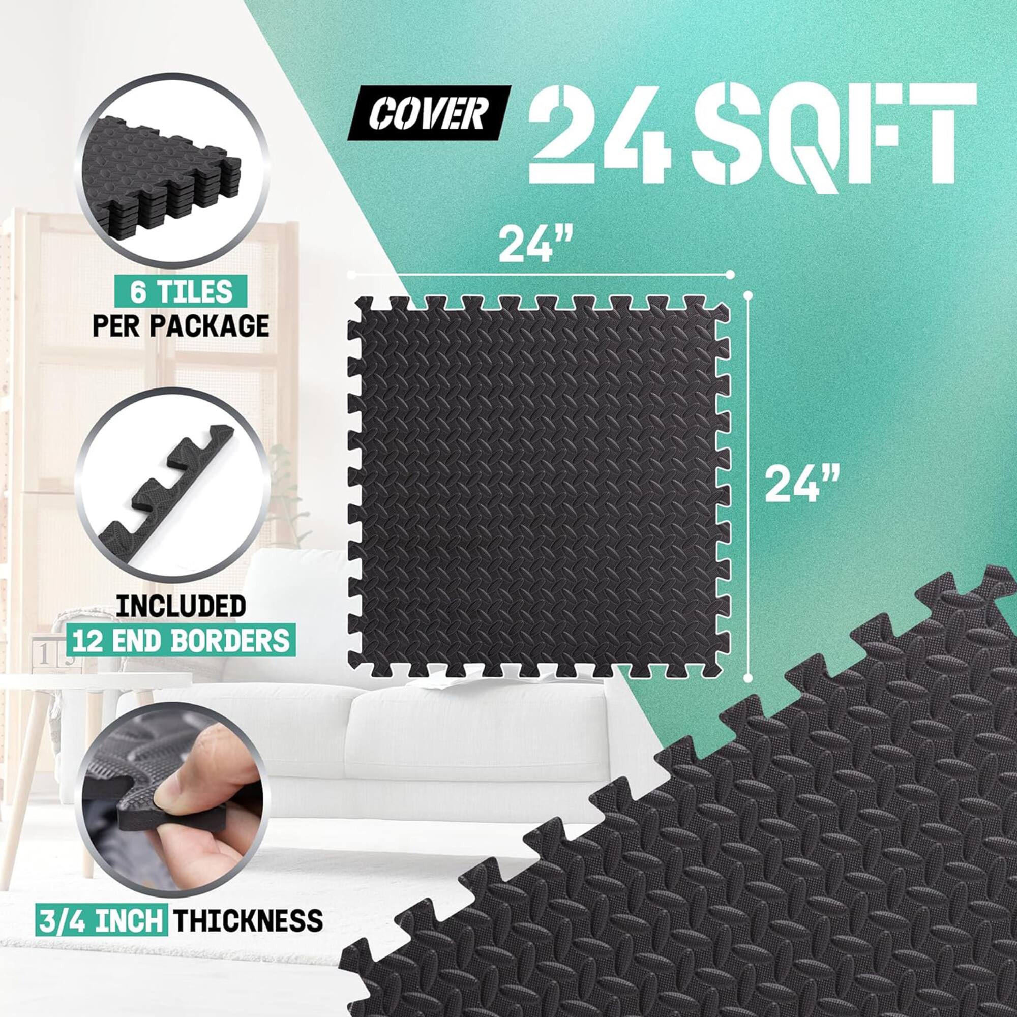 6 tiles per package  
Included 12 end borders  
Cover 24 sqft  
24" x 24"  
3/4 inch thickness