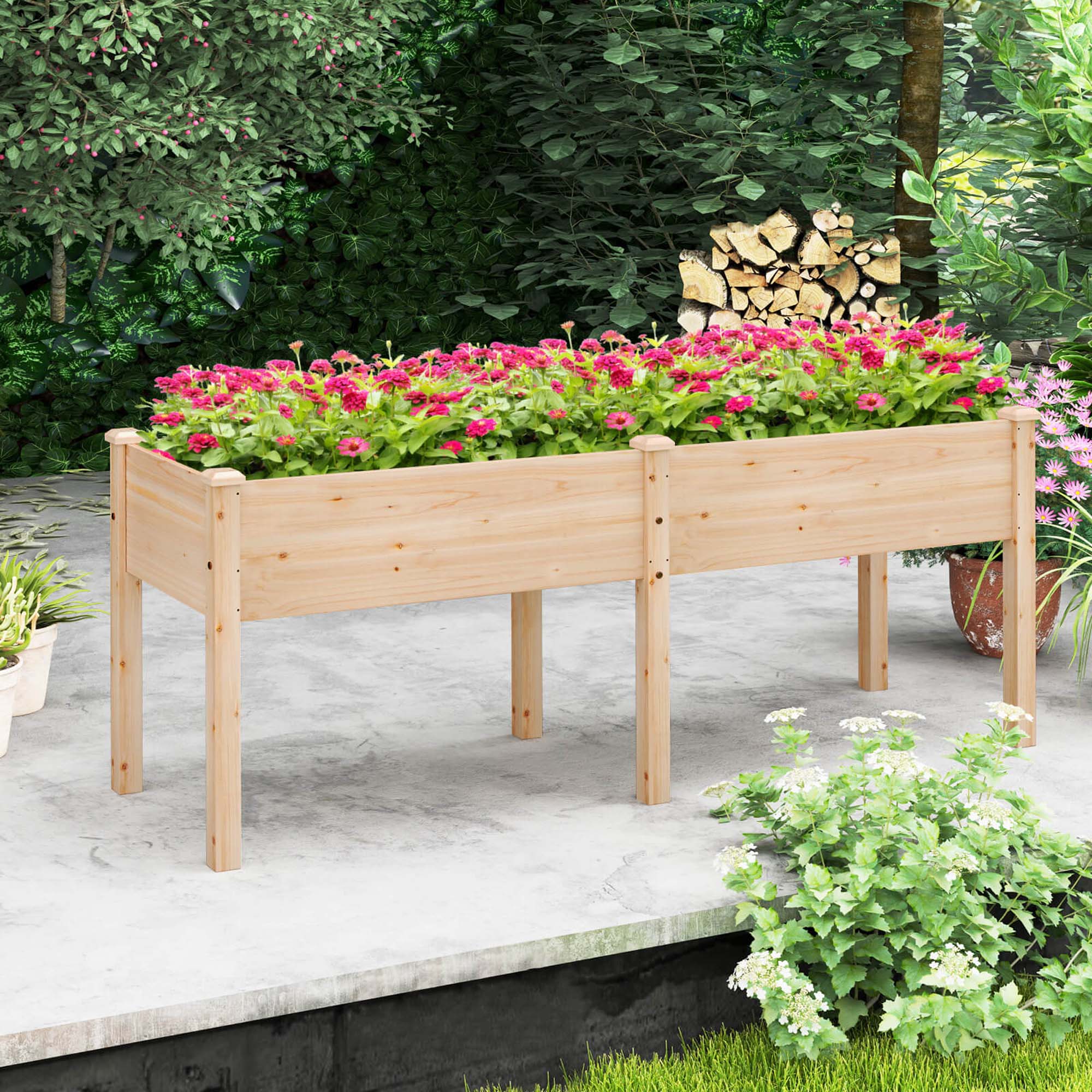 Alt View 3. Costway - Raised Garden Bed Elevated Fir Wood Planter Box with 2 Large Planting Areas - Beige.