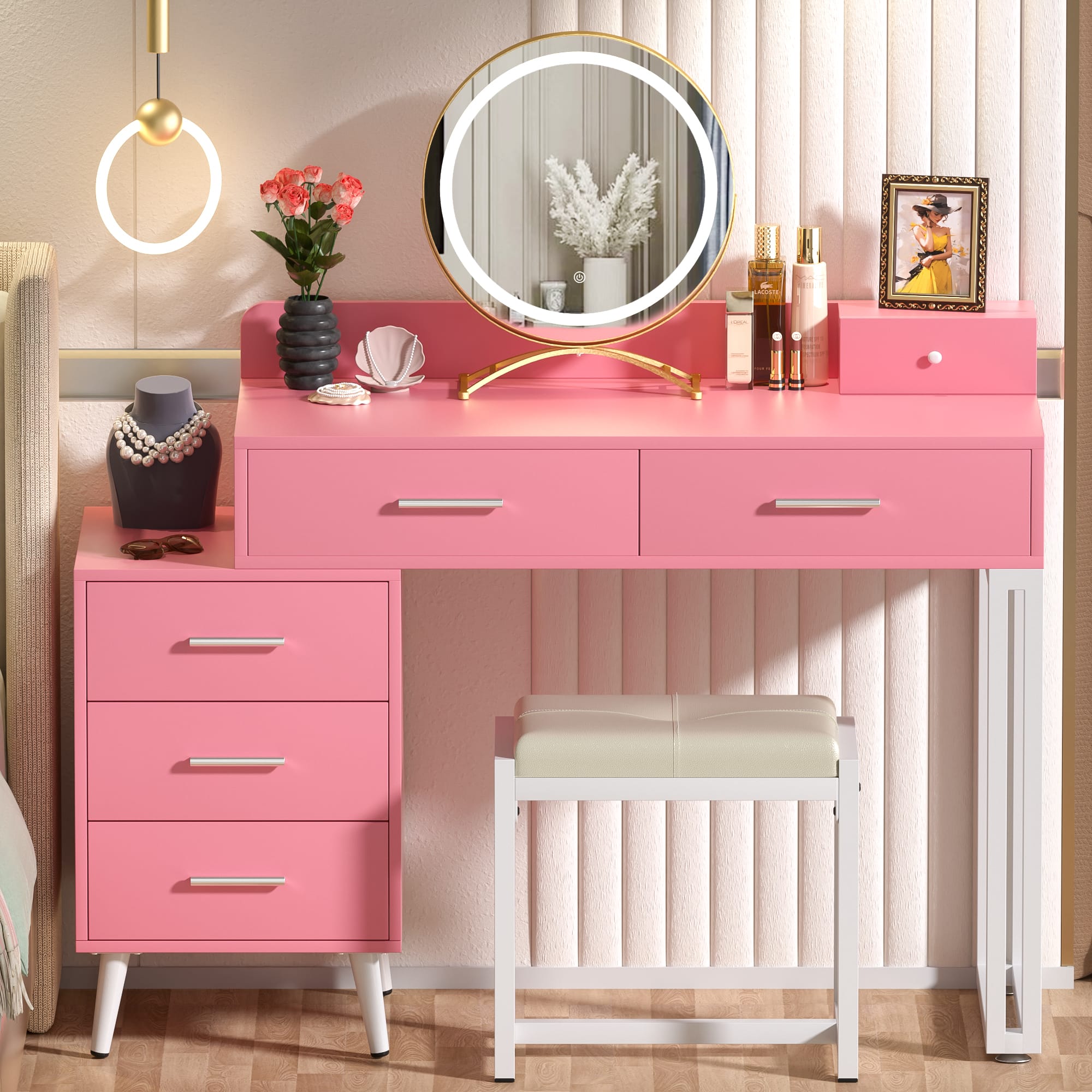 Aheaplus - Modern Vanity Desk with LED Mirror & 6 Drawers - Includes Cushioned Stool & Organizers for Bedroom - Pink