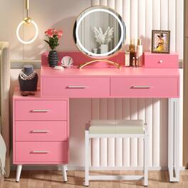 Aheaplus - Modern Vanity Desk with LED Mirror & 6 Drawers - Includes Cushioned Stool & Organizers for Bedroom - Pink