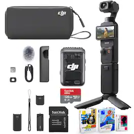 Bundle - DJI - Osmo Pocket 3 Creator Combo with Clip-On Transmitter/Recorder, Wide Angle Lens, Battery Handle, Mini Tripod - Black