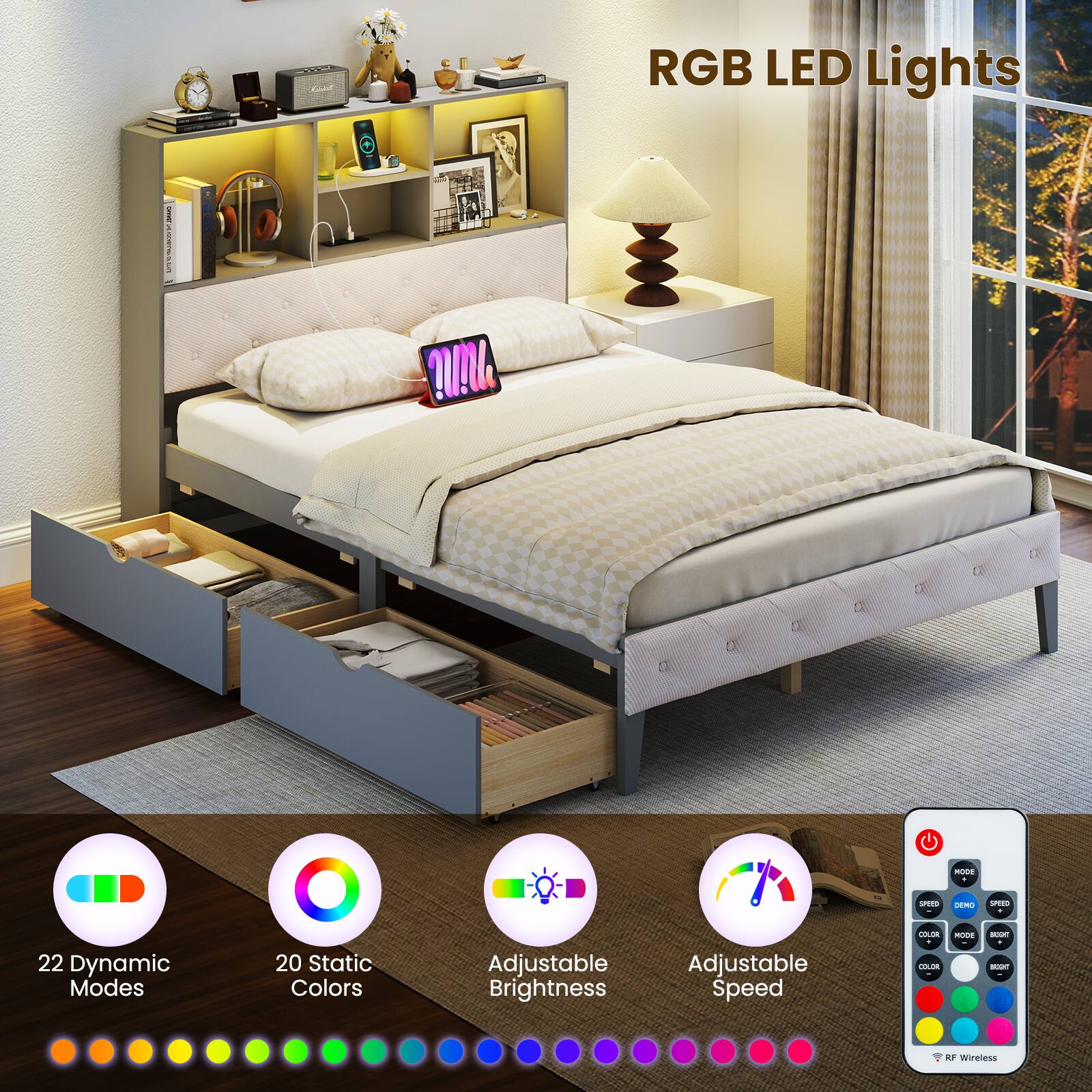 RGB LED Lights

- 22 Dynamic Modes
- 20 Static Colors
- Adjustable Brightness
- Adjustable Speed
- RF Wireless