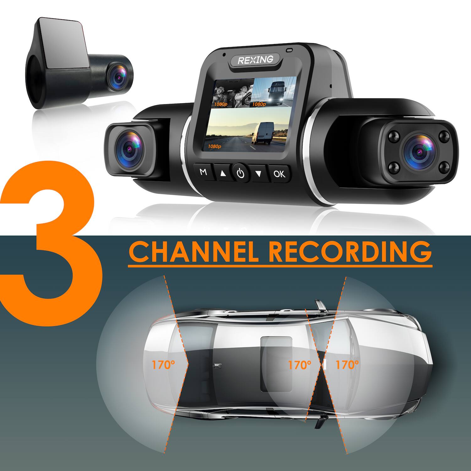REXING 1000 1050p 1080p 3 CHANNEL RECORDING 170° 170° 170°