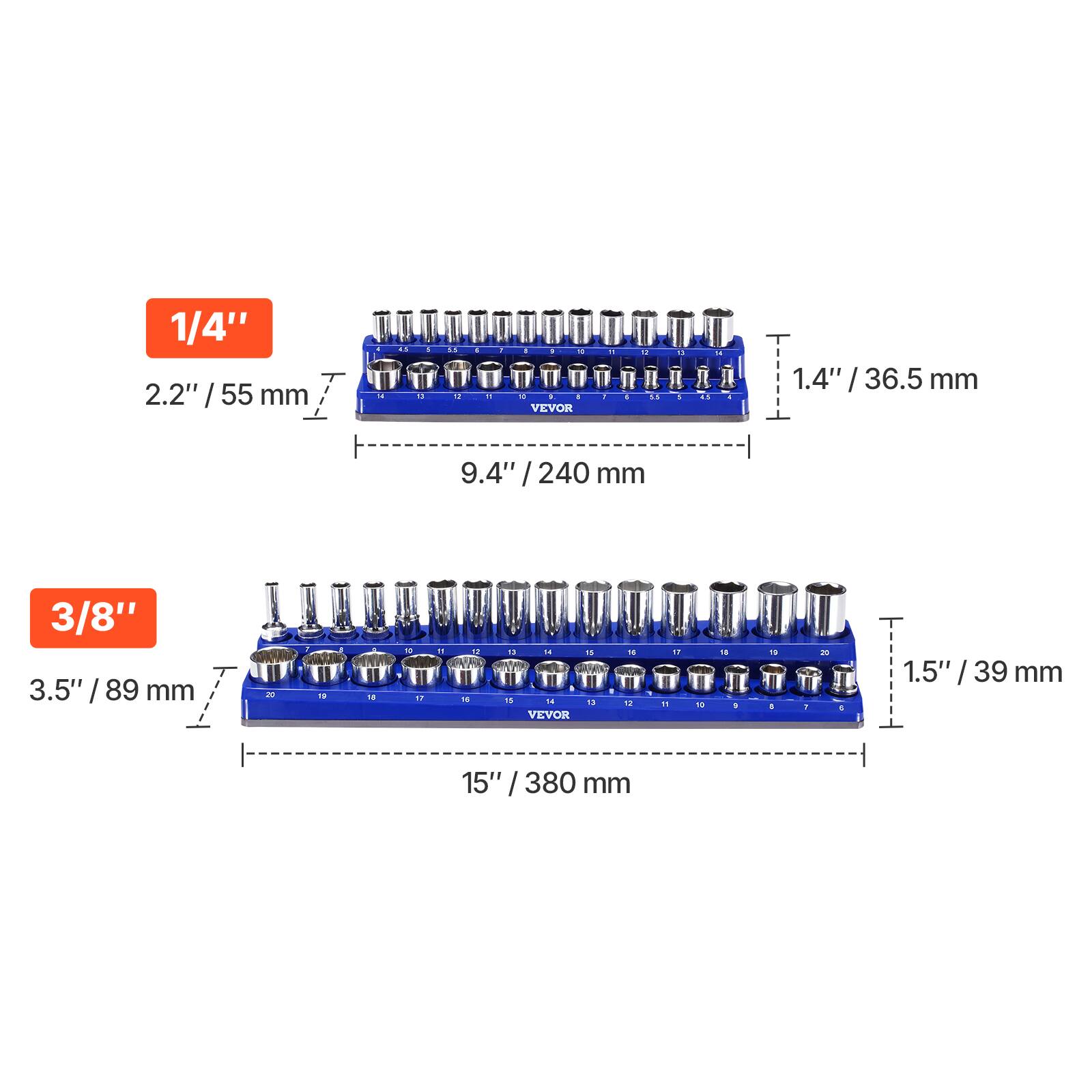 1/4"  
2.2" / 55 mm  
9.4" / 240 mm  
1.4" / 36.5 mm  

3/8"  
3.5" / 89 mm  
15" / 380 mm  
1.5" / 39 mm